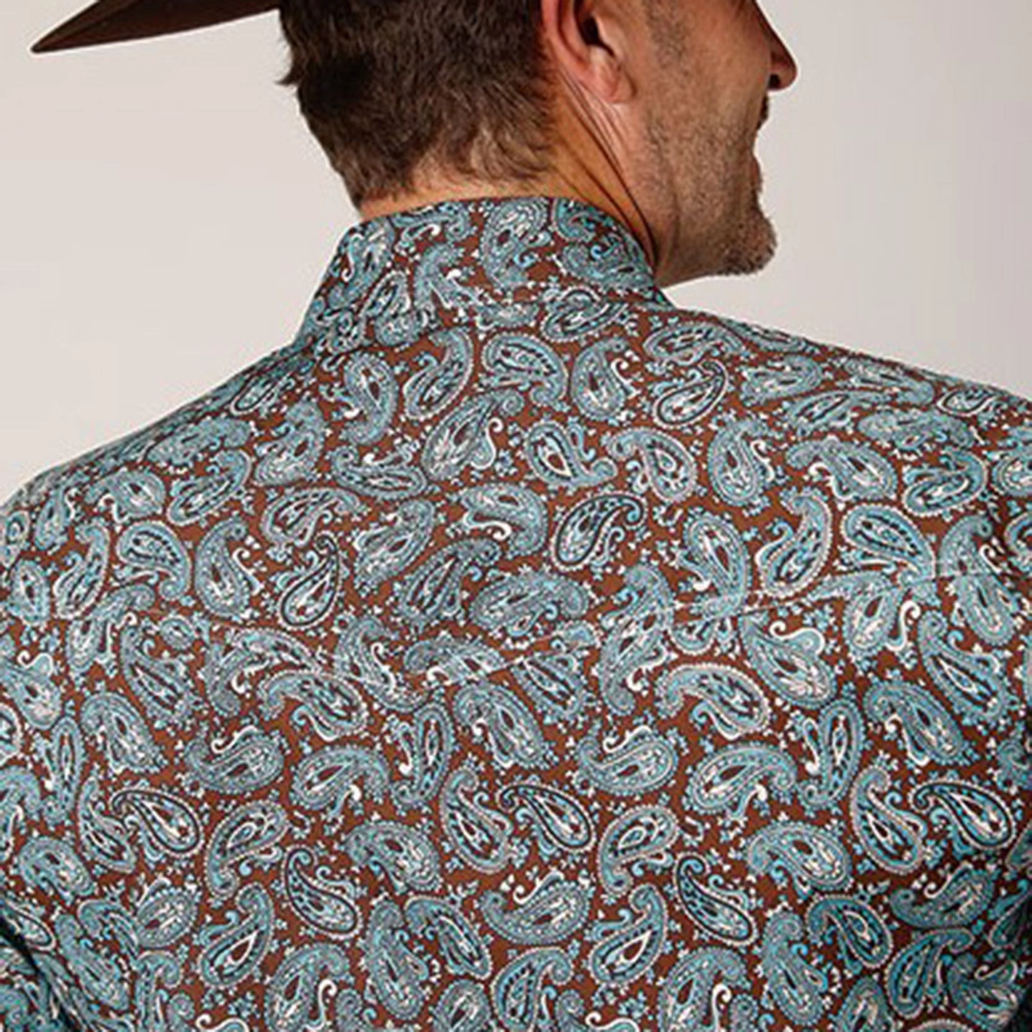 Roper Men's Turquoise Brown Paisley Shirt Sleek Silhouette