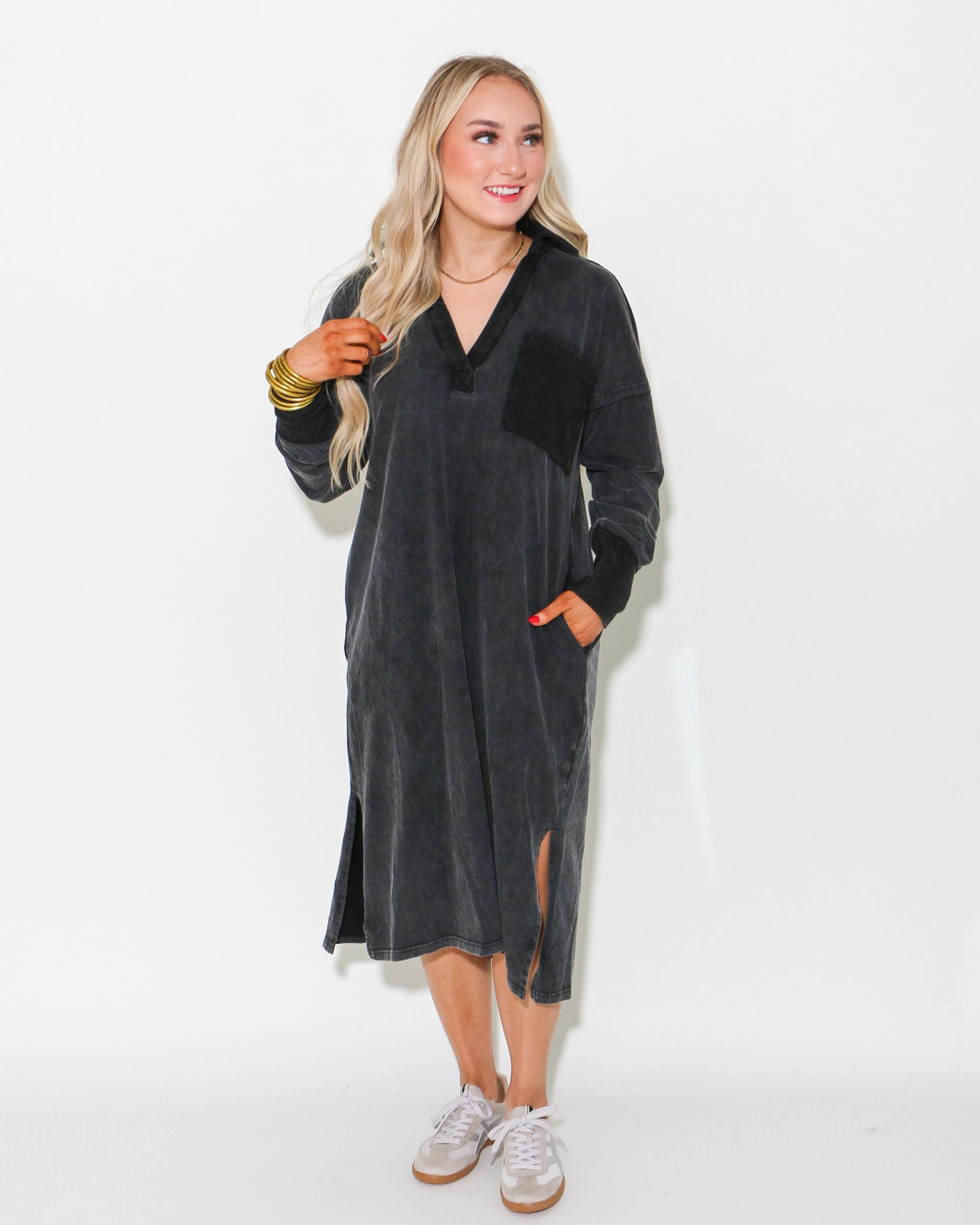 Mineral Washed Casual Midi Dress Side-Slit Relax Draping