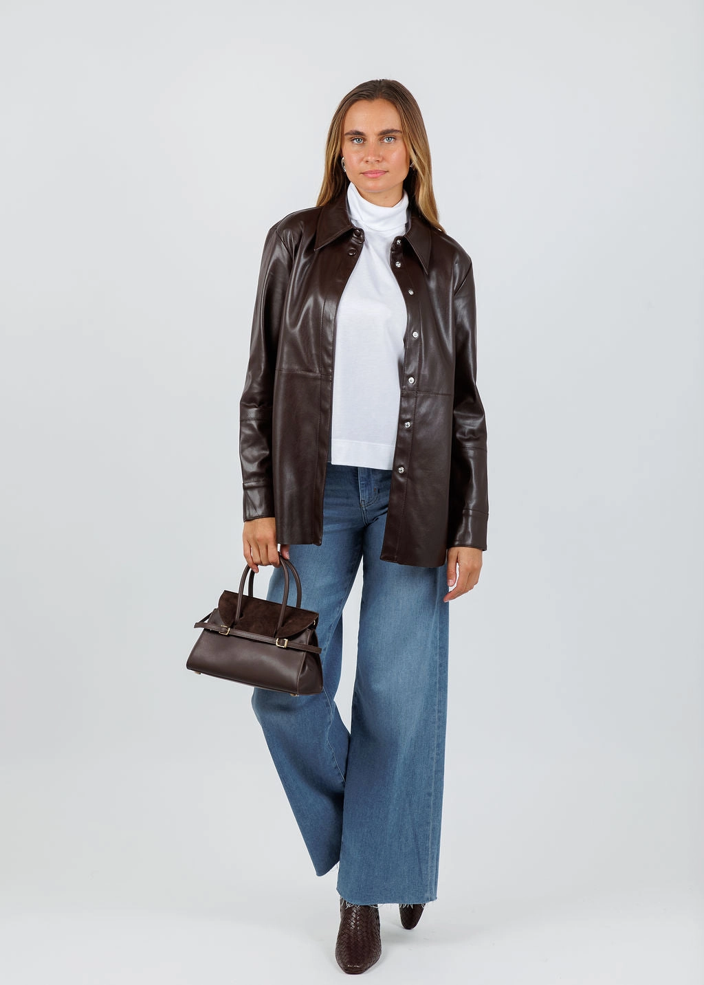 Thermal regulation EcoFriendly Manufacturing Fade Resistant Coating Julia Vegan Leather Shacket - Coffee