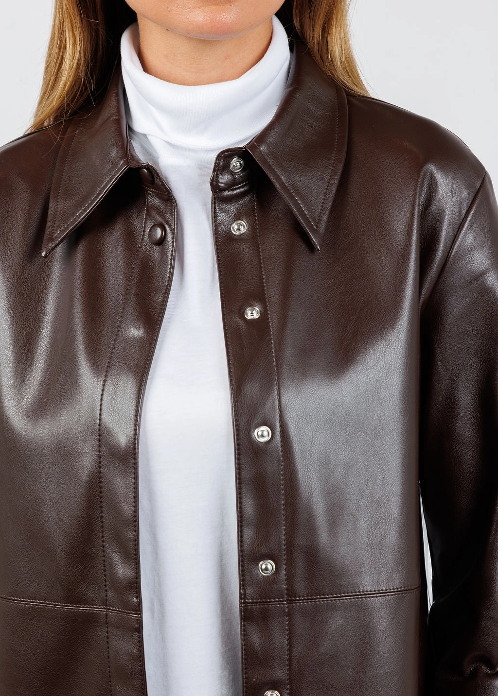 Drop Shoulder Design ZonalVentilation Fade Resistant Coating Julia Vegan Leather Shacket - Coffee