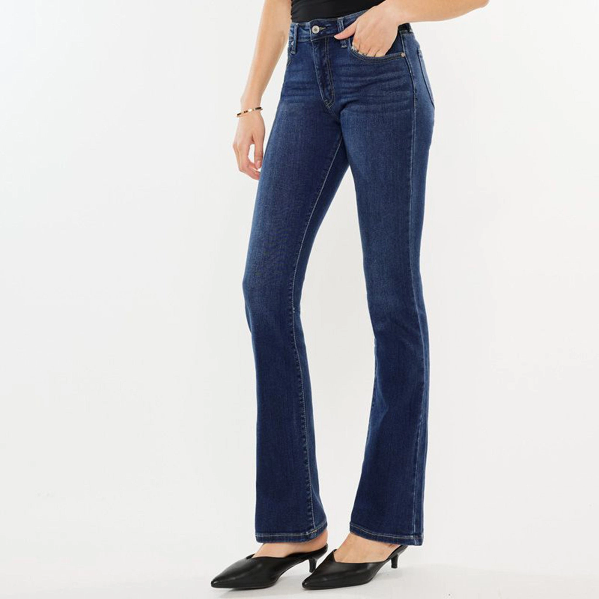 KanCan Women's Dark High Rise Boot Cut Parent Style Evening Stroll Festival Outfit