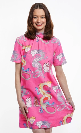 Vibrant fit Savannah Dress With Bow - Pink Dragons