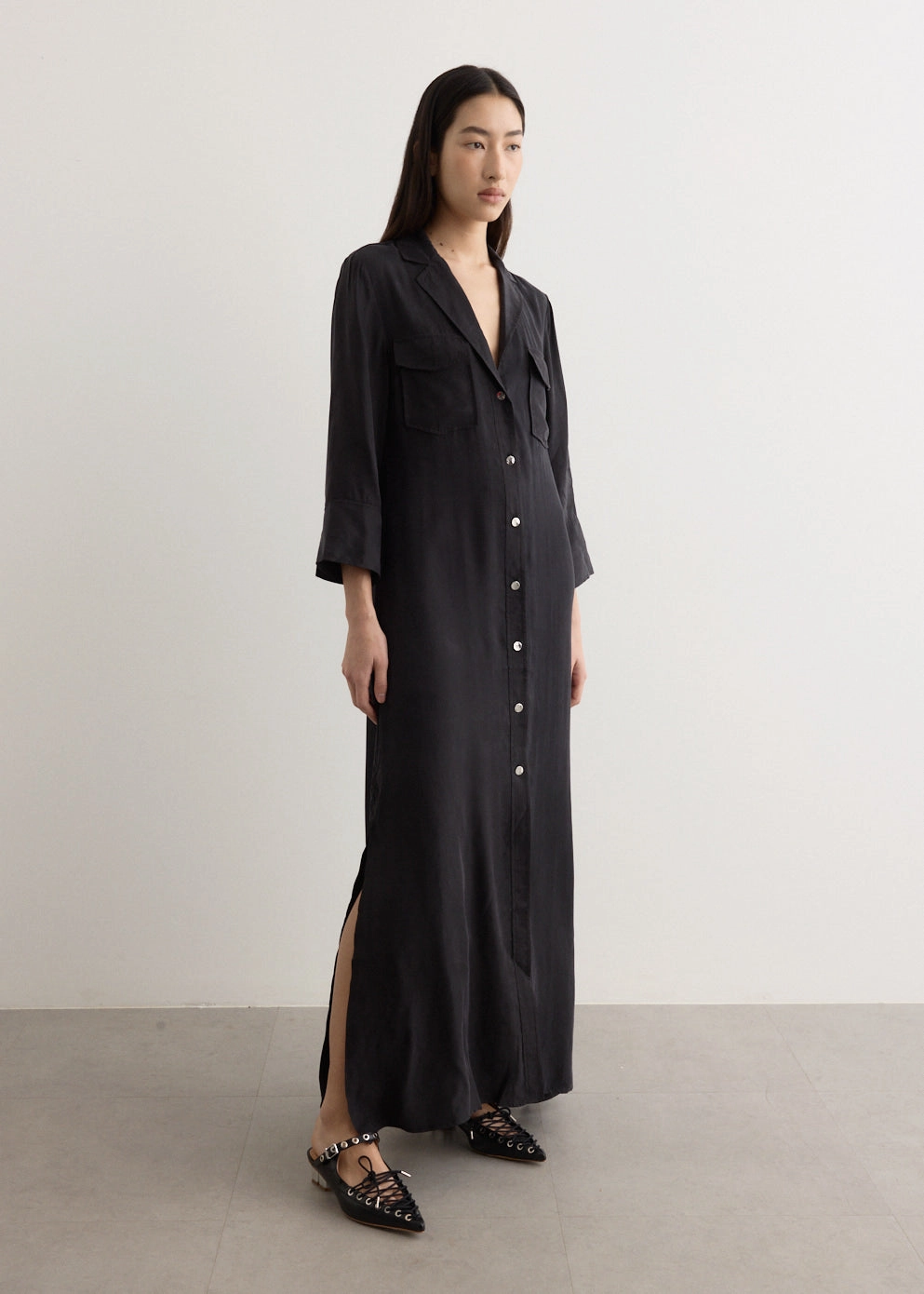 Fluid Cupro Maxi Shirt Dress Square Neck Weekend Edge