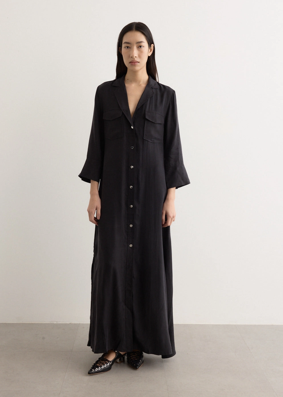 Fluid Cupro Maxi Shirt Dress Flare Swing Delicate Mood