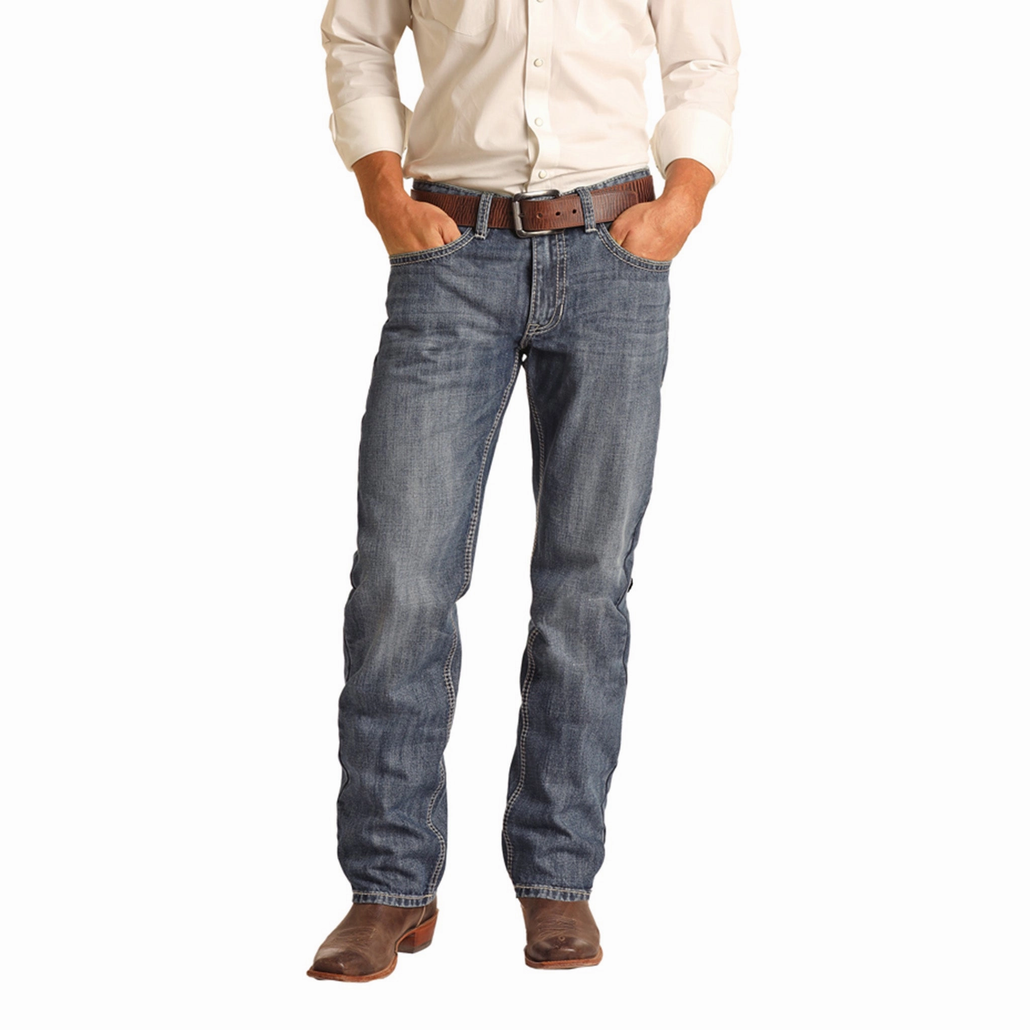 Rock & Roll Cowboy Medium Wash Vintage Stackable Bootcut Jeans Reinforced Pockets