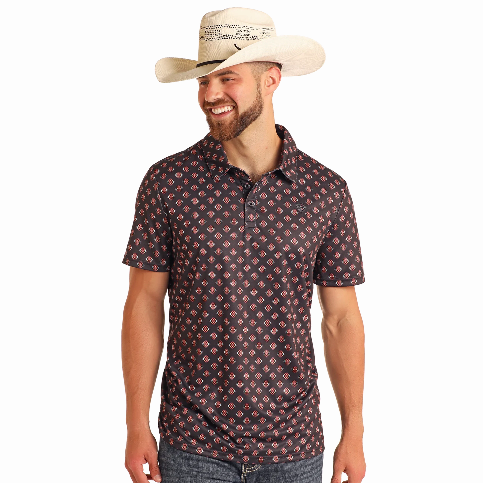 Rock & Roll Cowboy Men's Black Aztec Diamond Polo Pullover Design