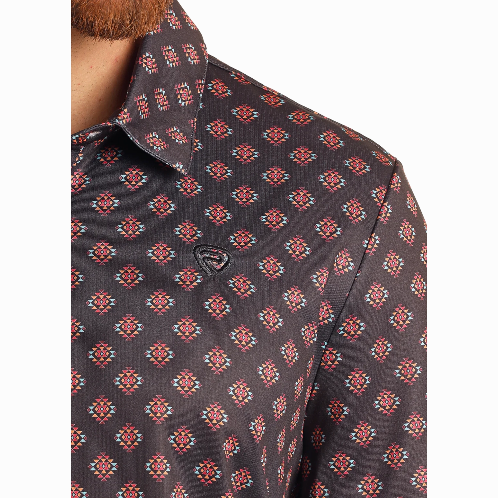 Rock & Roll Cowboy Men's Black Aztec Diamond Polo Reinforced Shoulders