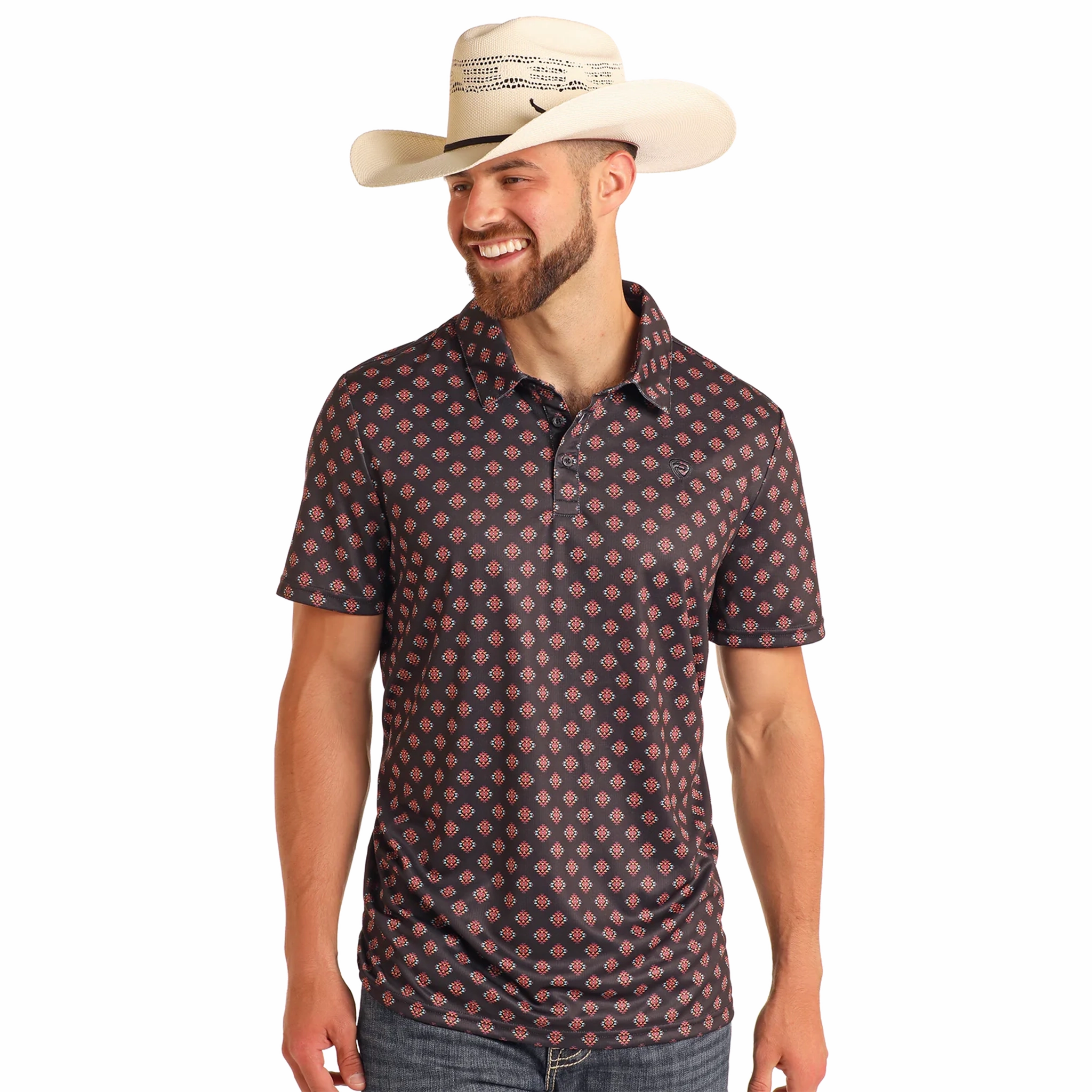 Fashion Forward Premium Pima Cotton Rock & Roll Cowboy Men's Black Aztec Diamond Polo