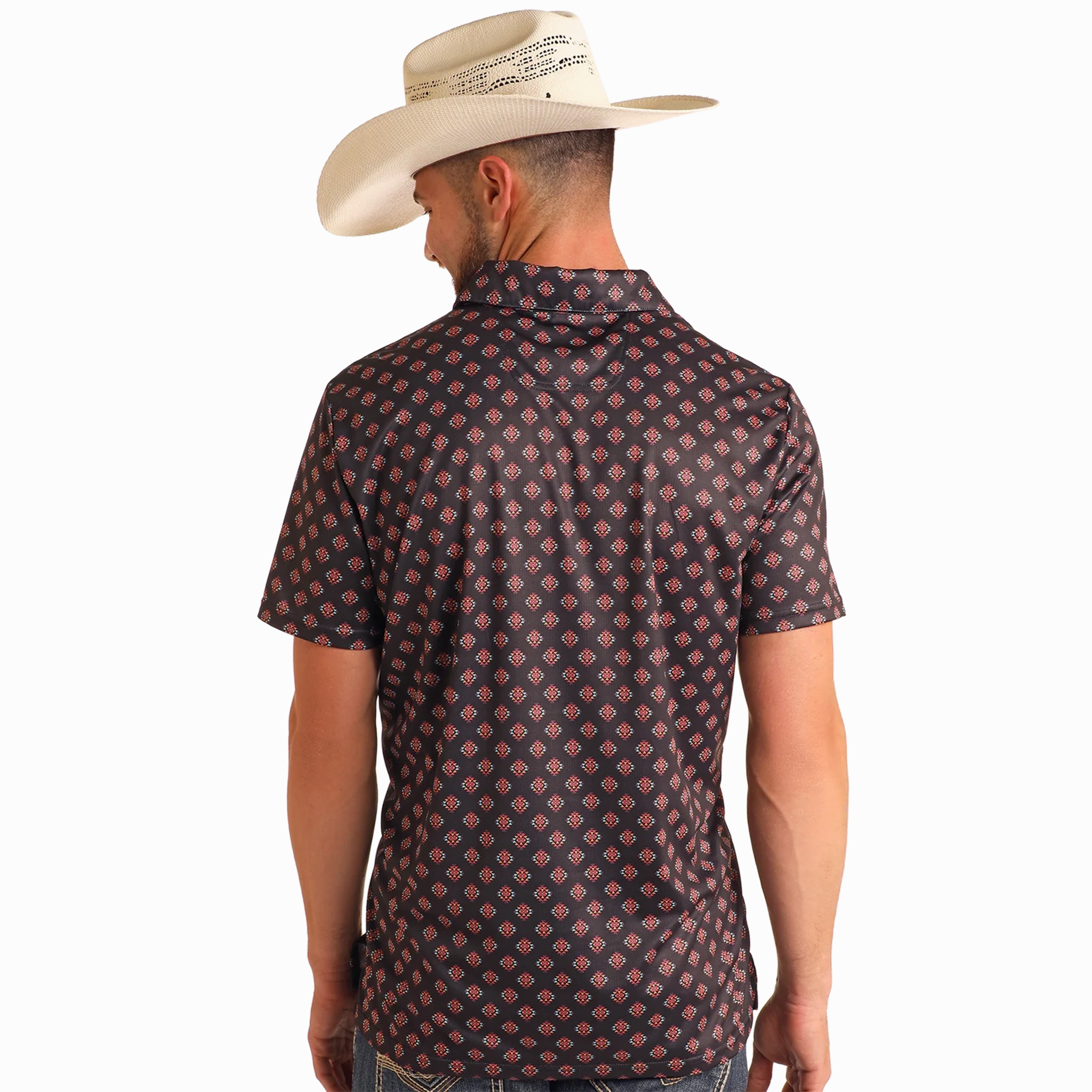 Polished Finish Hidden Button Placket Rock & Roll Cowboy Men's Black Aztec Diamond Polo