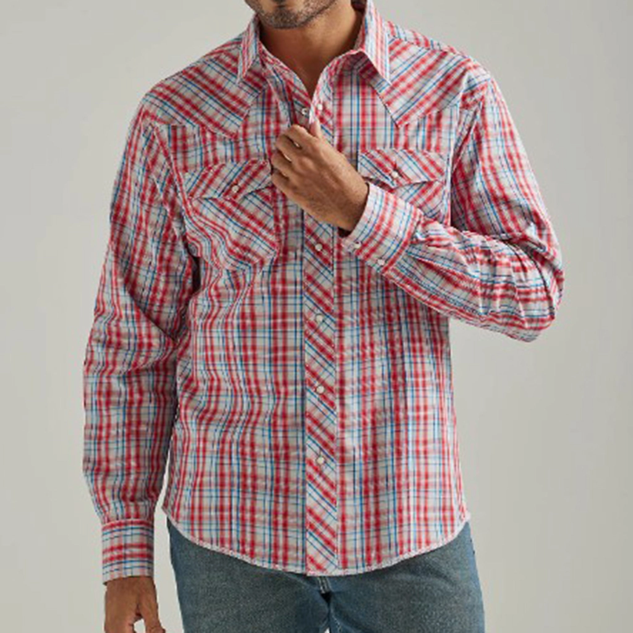 Wrangler Men's Blue and Red Plaid Long Sleeve Shirt Trendy Outfit