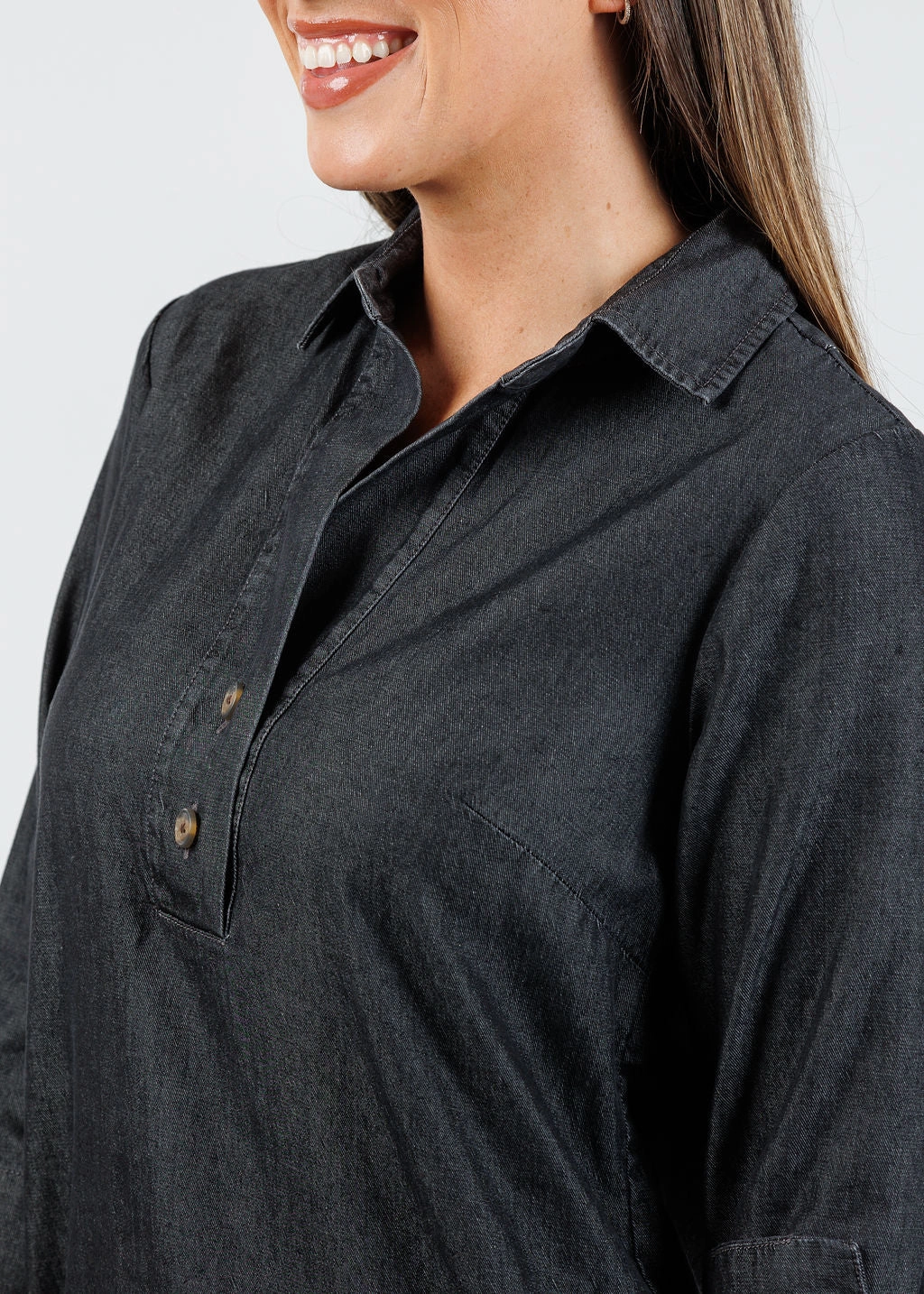 Easy Going Shiny surface Aileen 3/4 Sleeve Denim Dress - Black Wash