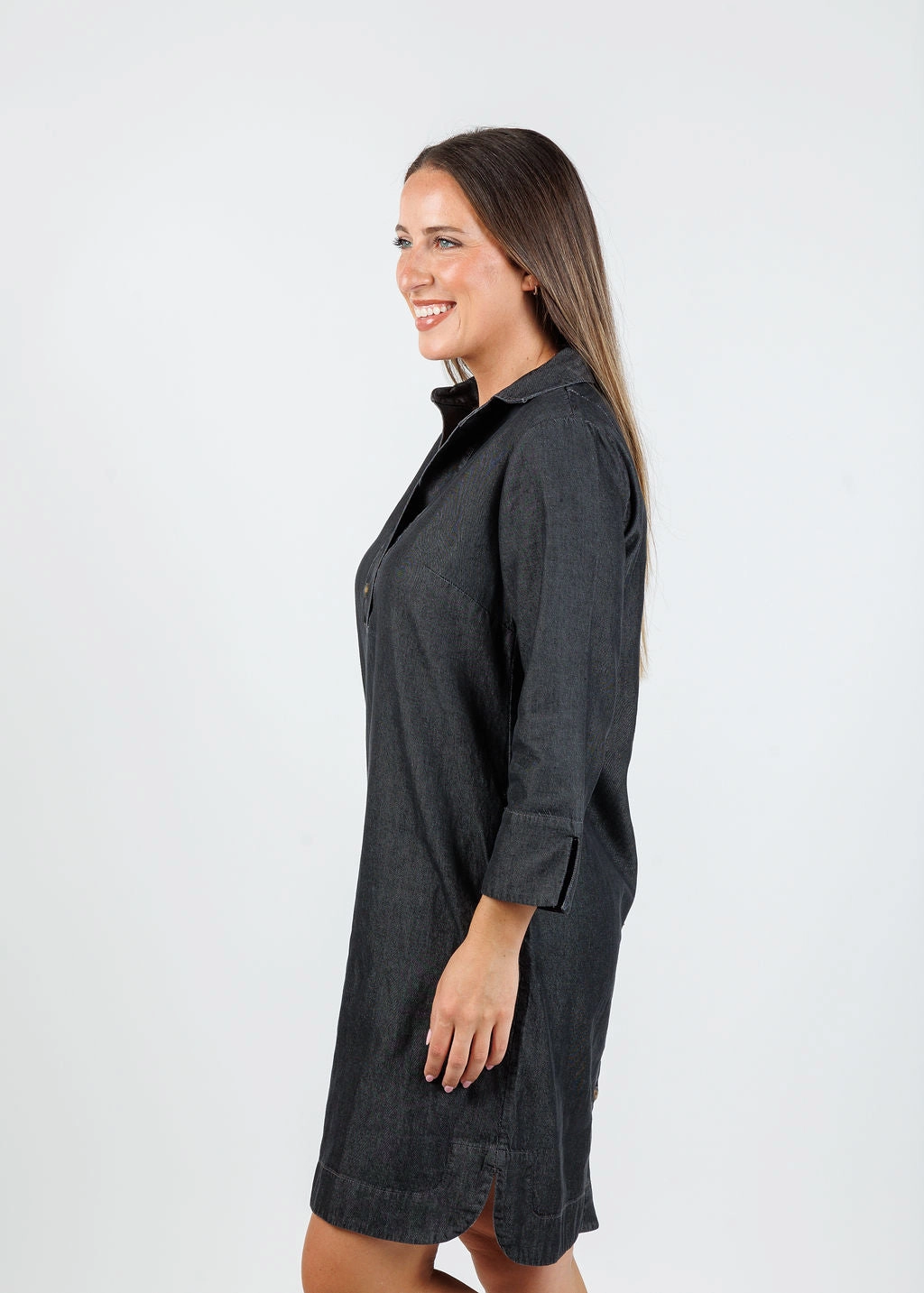 Aileen 3/4 Sleeve Denim Dress - Black Wash Tailored Waistband A Line Cut