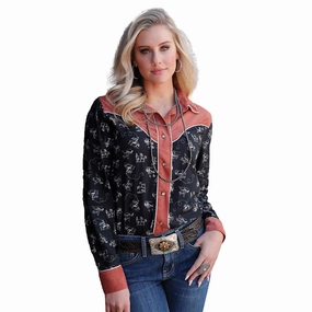 Adaptive Temperature Control Non Restrictive Armhole Cut Cruel Girl Women's Black Western Print Pearl Snap