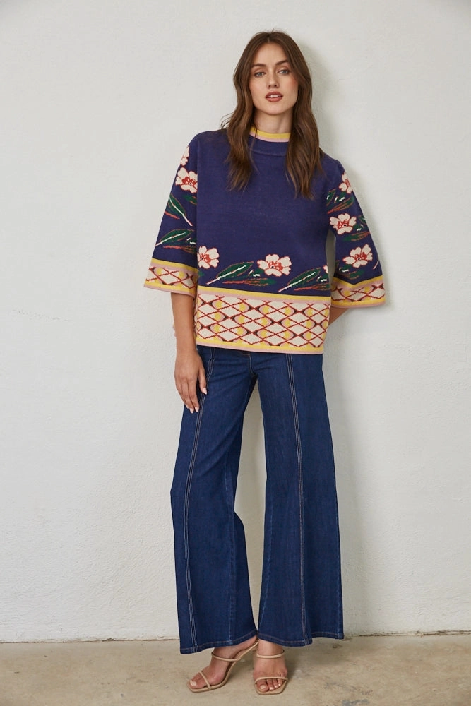 Flexible Cuffs FATE Border Print Floral Sweater