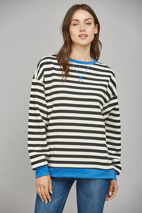 FATE Oversized Stripe Sweatshirt Weighted Hem Neutral Tone Palette