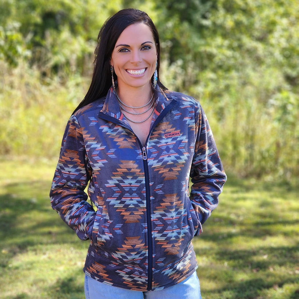 Neutral Street Style Cinch Women's Navy Aztec Zip Up Fleece
