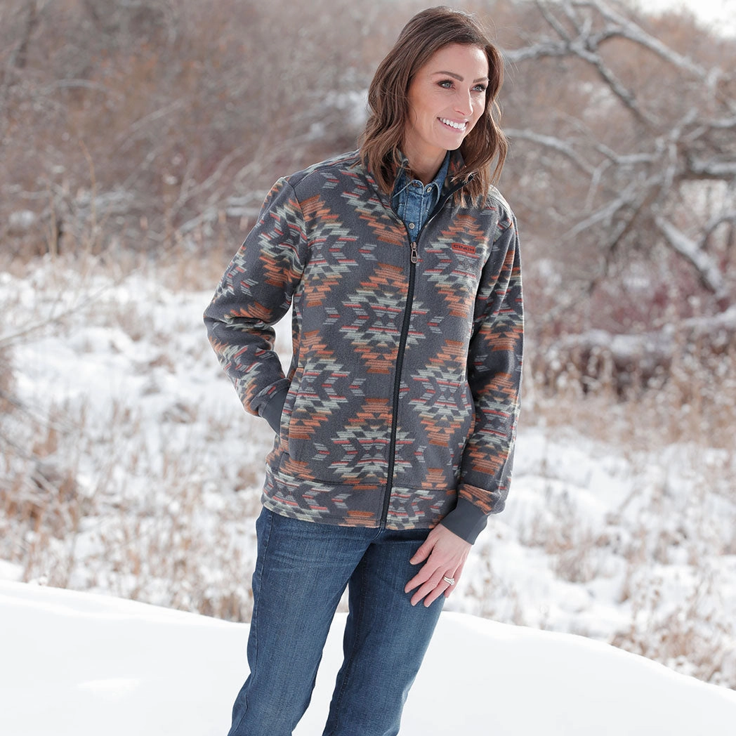 Adjustable Hem Lock System Cinch Women's Navy Aztec Zip Up Fleece