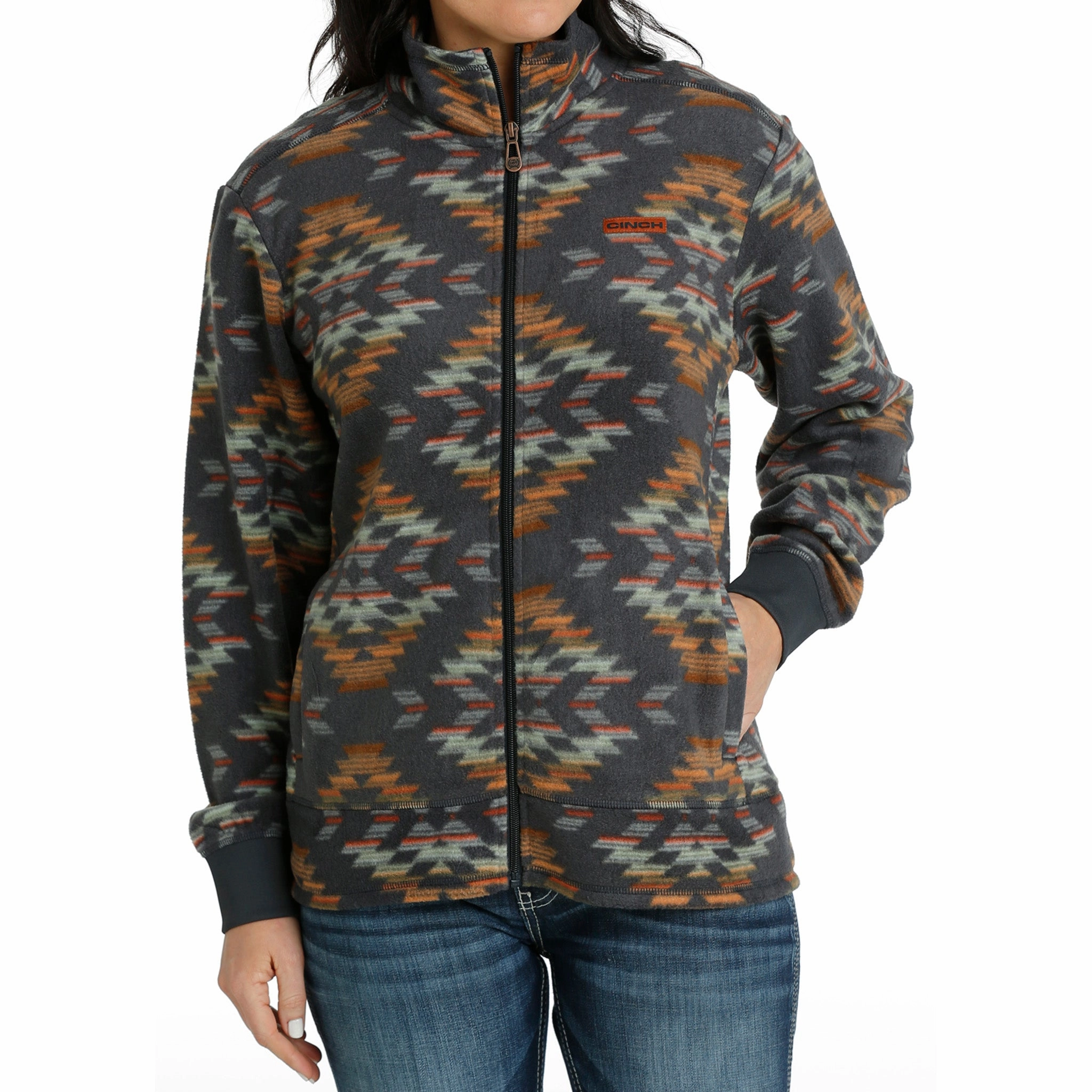 Convertible 2 In 1 Function Magnetic Closures Cinch Women's Navy Aztec Zip Up Fleece