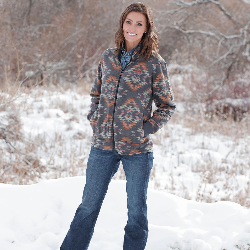 Cinch Women's Navy Aztec Zip Up Fleece Easy Care Material Reinforced Stress Points