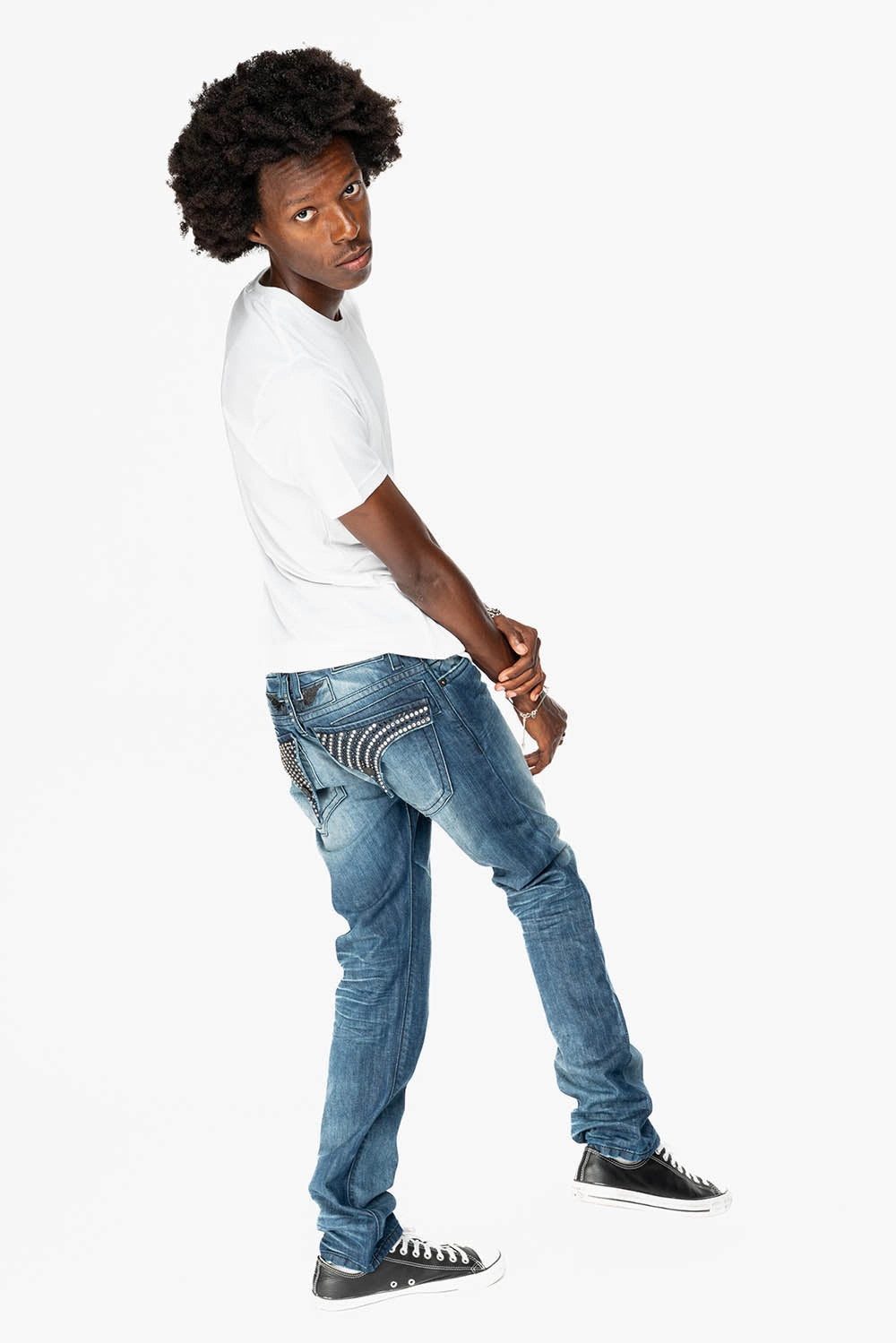 Natural Fit LIMITED EDITION MENS LONG FLAP SLIM JEANS  EMBELLISHED WITH CRYSTALS IN OMAHA DARK WASH