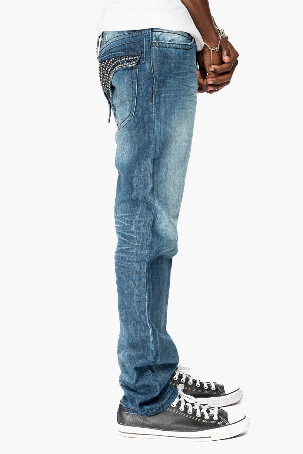 Flattering Fit LIMITED EDITION MENS LONG FLAP SLIM JEANS  EMBELLISHED WITH CRYSTALS IN OMAHA DARK WASH