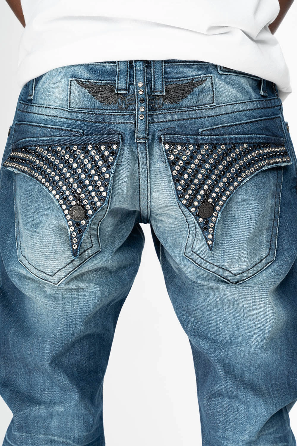 LIMITED EDITION MENS LONG FLAP SLIM JEANS  EMBELLISHED WITH CRYSTALS IN OMAHA DARK WASH Urban Look