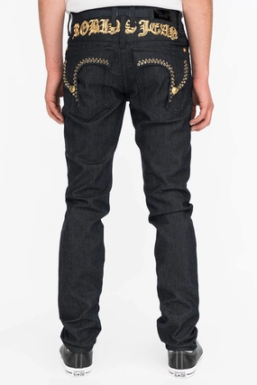 MENS RAW DENIM SLIM FIT KILLER FLAP JEANS WITH O.E. SCRIPT AND CRYSTALS All Use Wear Clean Fashion
