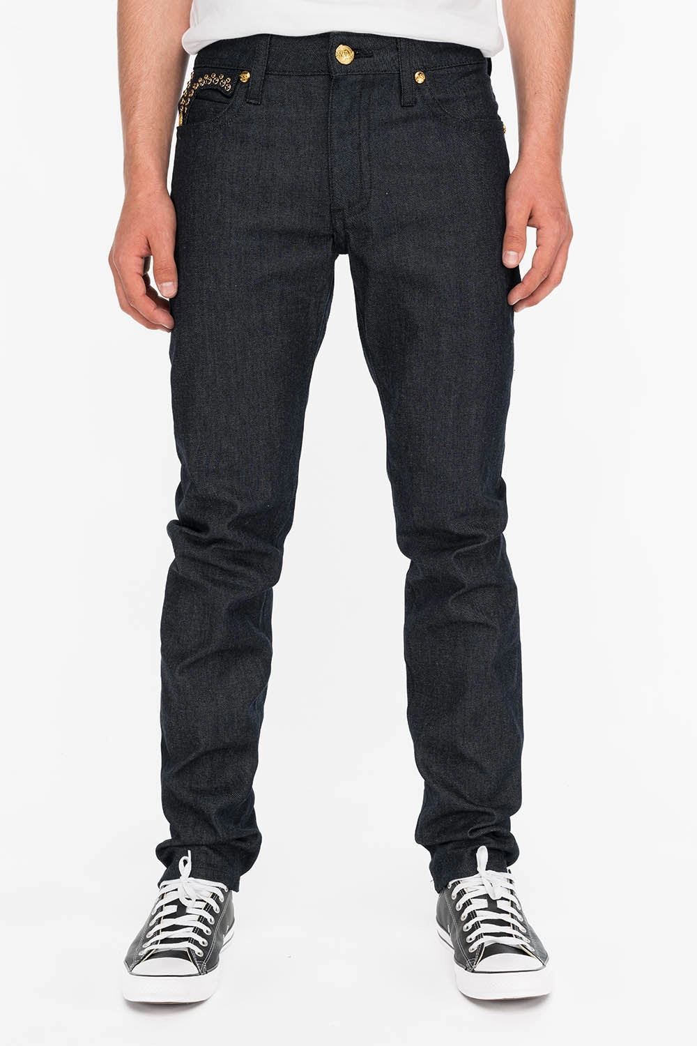 Breathable Work Meeting Relaxed Style Artist Vibe Work Meeting Casual MENS RAW DENIM SLIM FIT KILLER FLAP JEANS WITH O.E. SCRIPT AND CRYSTALS