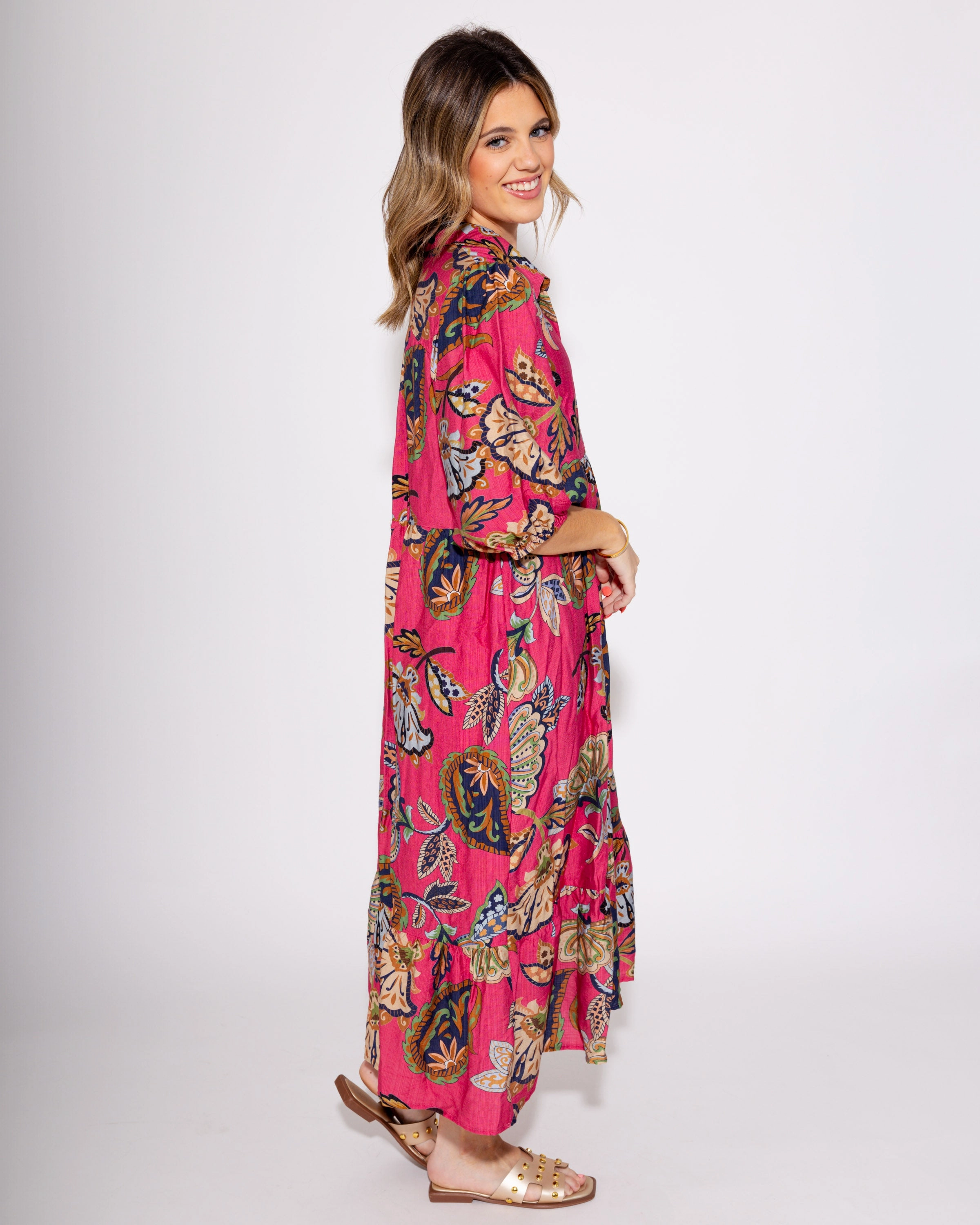 The Boho Bloom Midi in Pink Layered-Sleeve