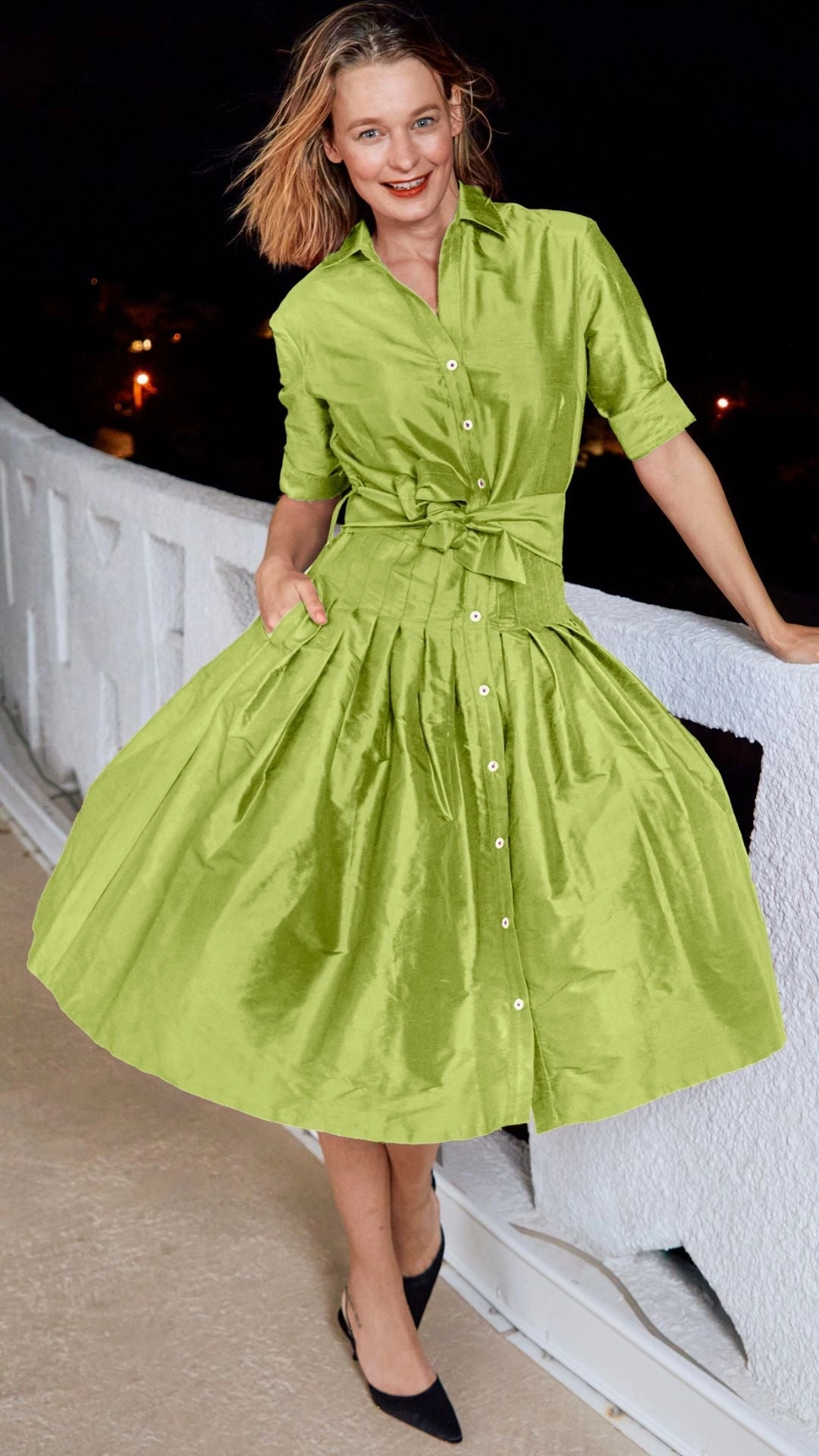 Mrs Maisel Silk Dress - Green Layered Texture
