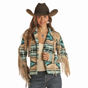 Rock & Roll Women's Turquoise and Tan Aztec Fringe Berber Jacket Weight Distribution System Everyday Layer Style