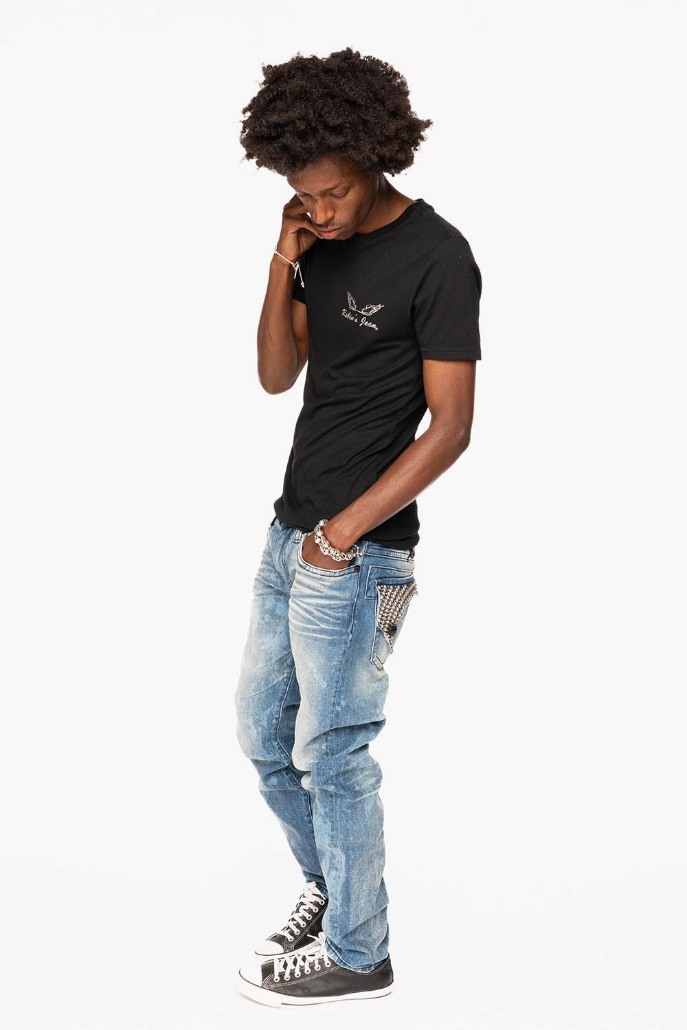 Durable piece LONG FLAP SKINNY JEANS IN CRYSTAL BLUE WASH WITH STUDS AND CRYSTALS