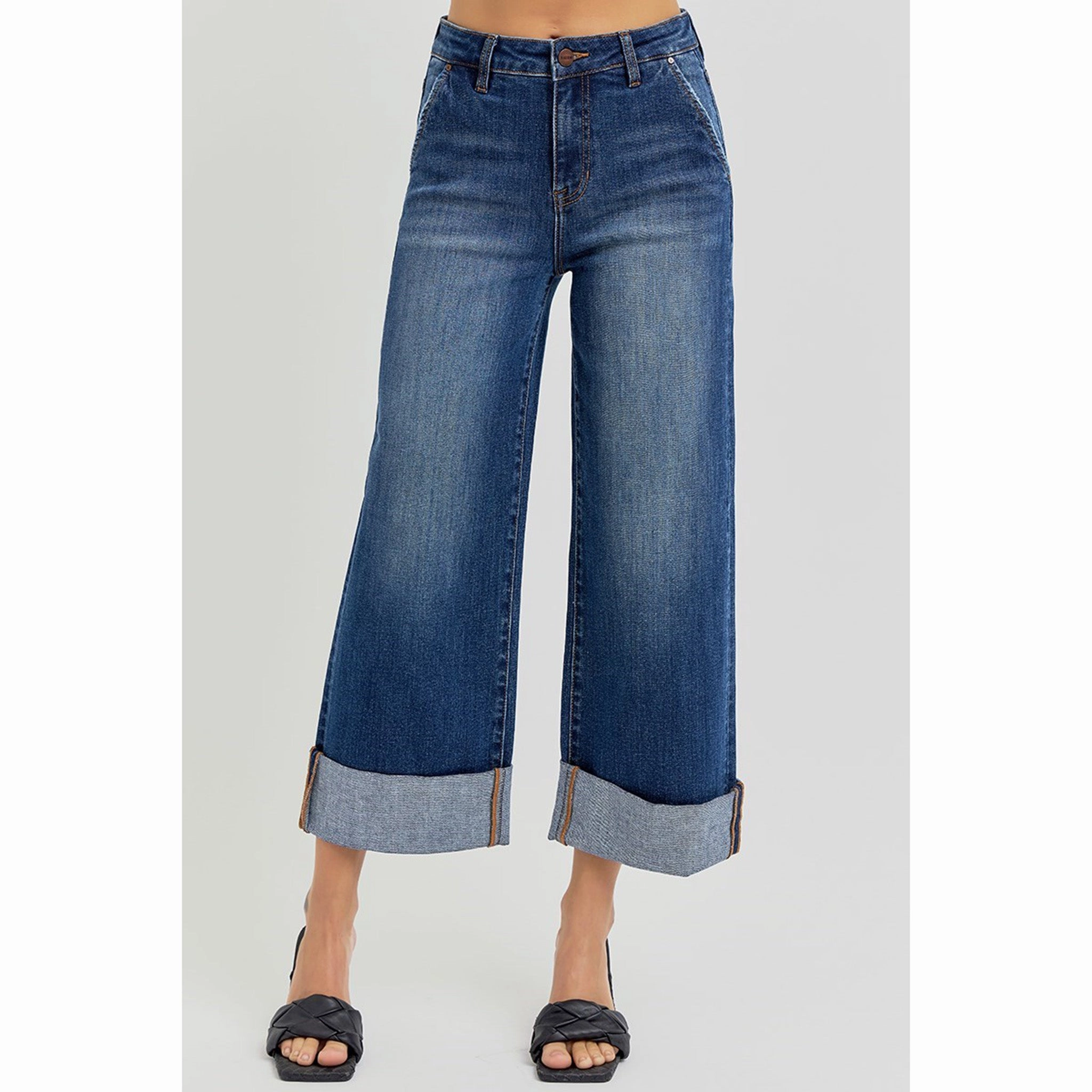 Risen Women's Dark High Rise Wide Cuff Jeans Teen Outfit Outdoor Adventure Sunny Vibes Flexible Fit