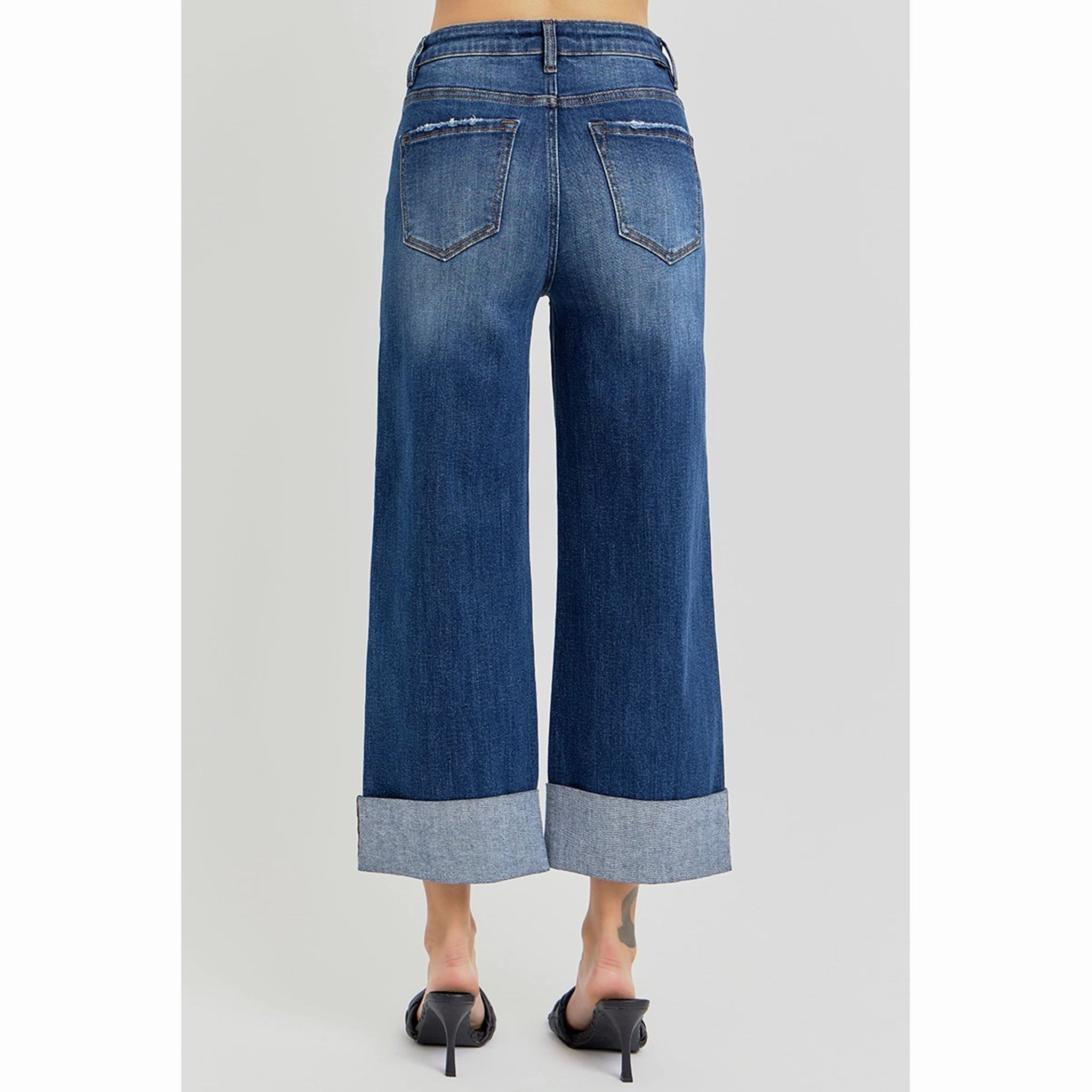 Relaxed Style Lightweight Durable Chill Outfit Risen Women's Dark High Rise Wide Cuff Jeans