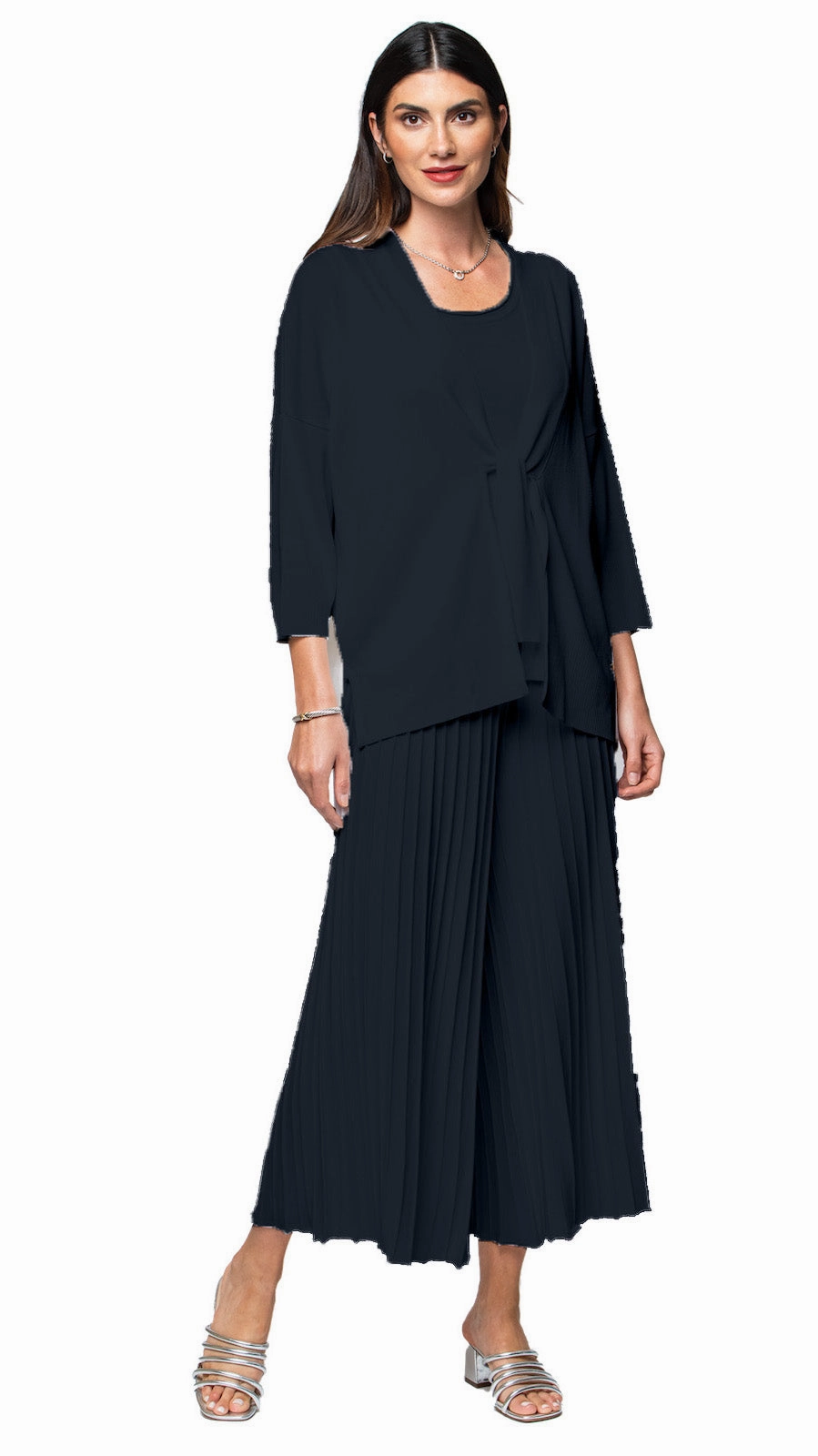 Giuliana Plisse-Look Cropped Wide Leg Pants - Dark Navy Minimal Waistband Quick Access Zippers