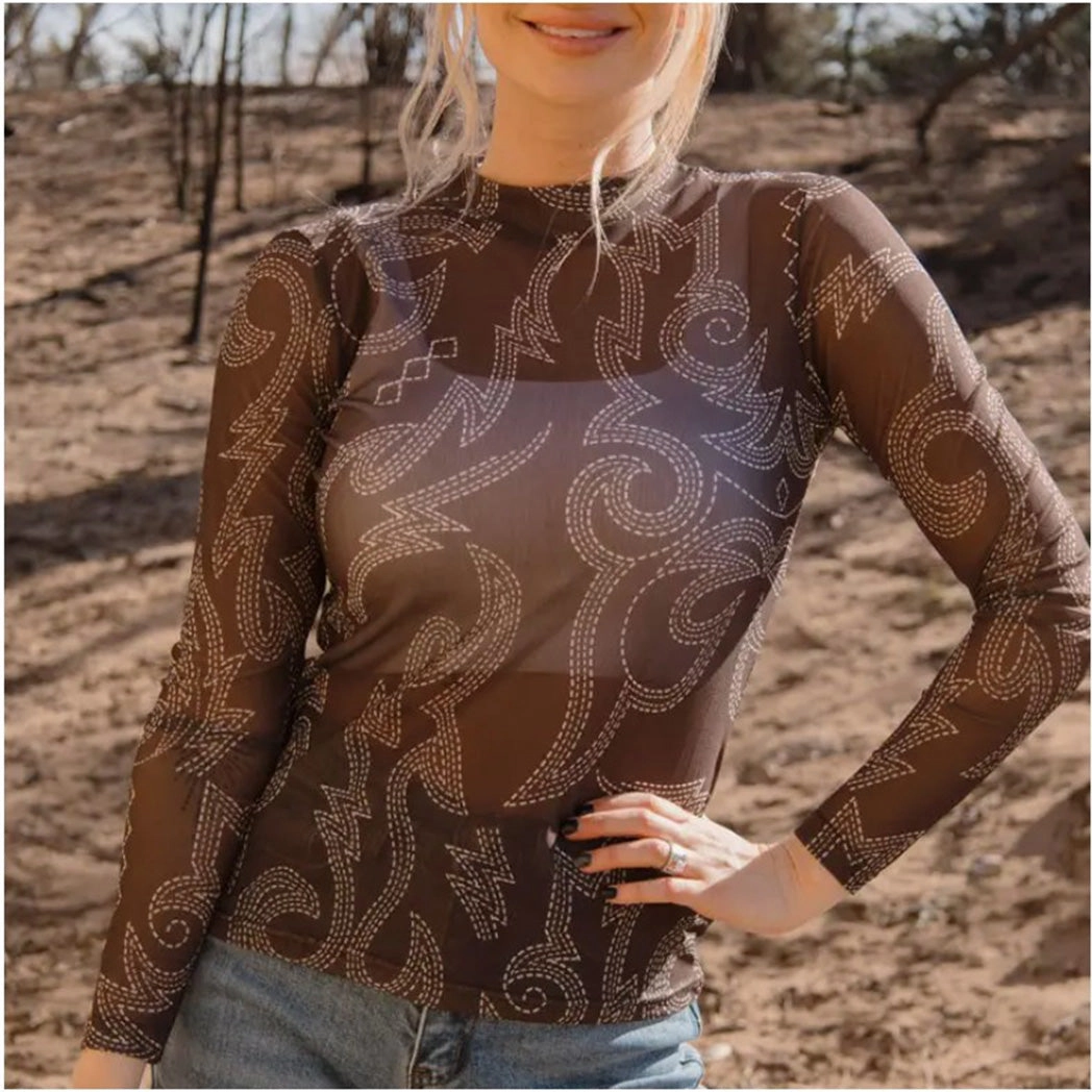 Double Stitched Hem Brown Boot Stitched Mesh Long Sleeve Top
