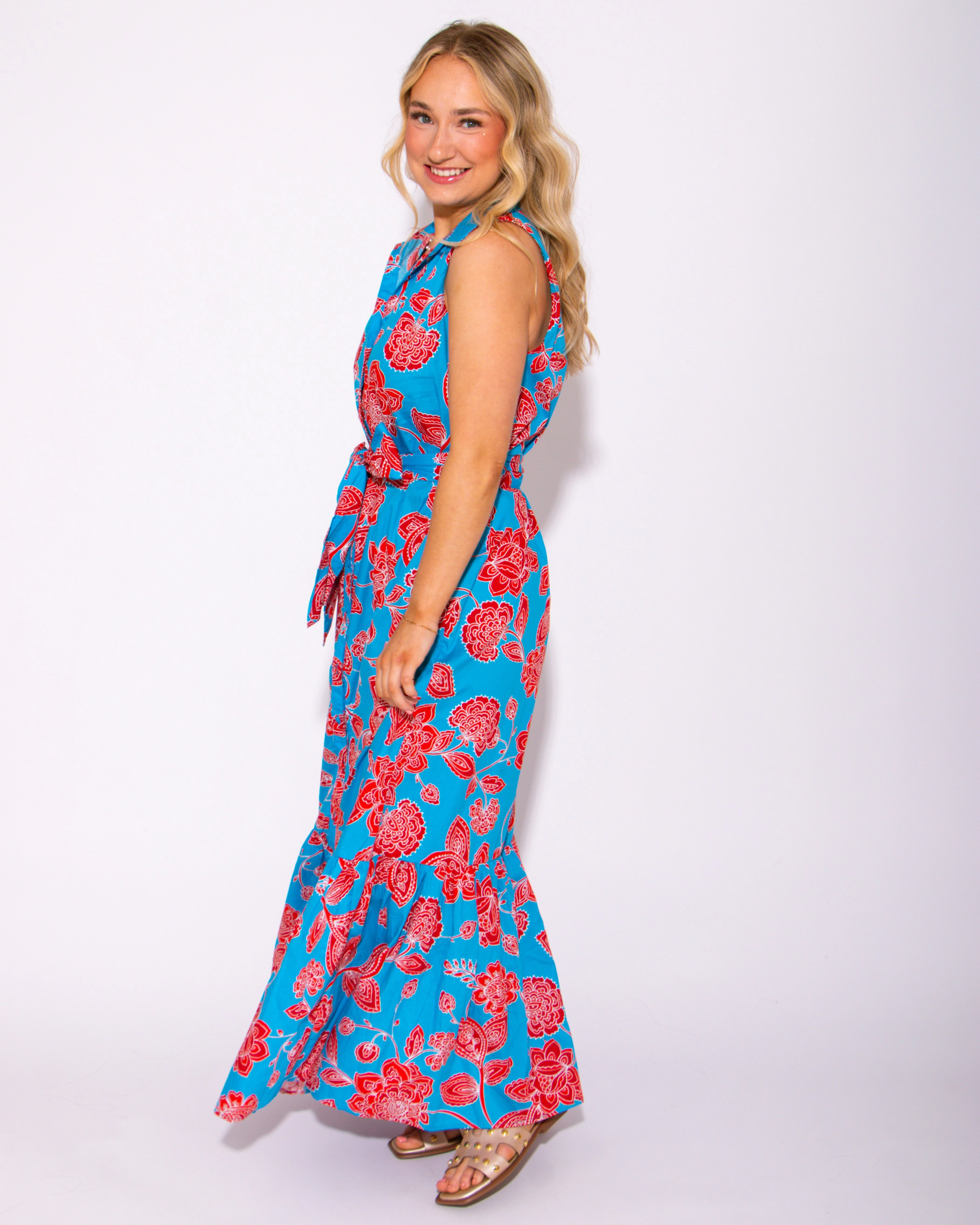 Petal Collared Tie Waist Maxi Dress High Waist