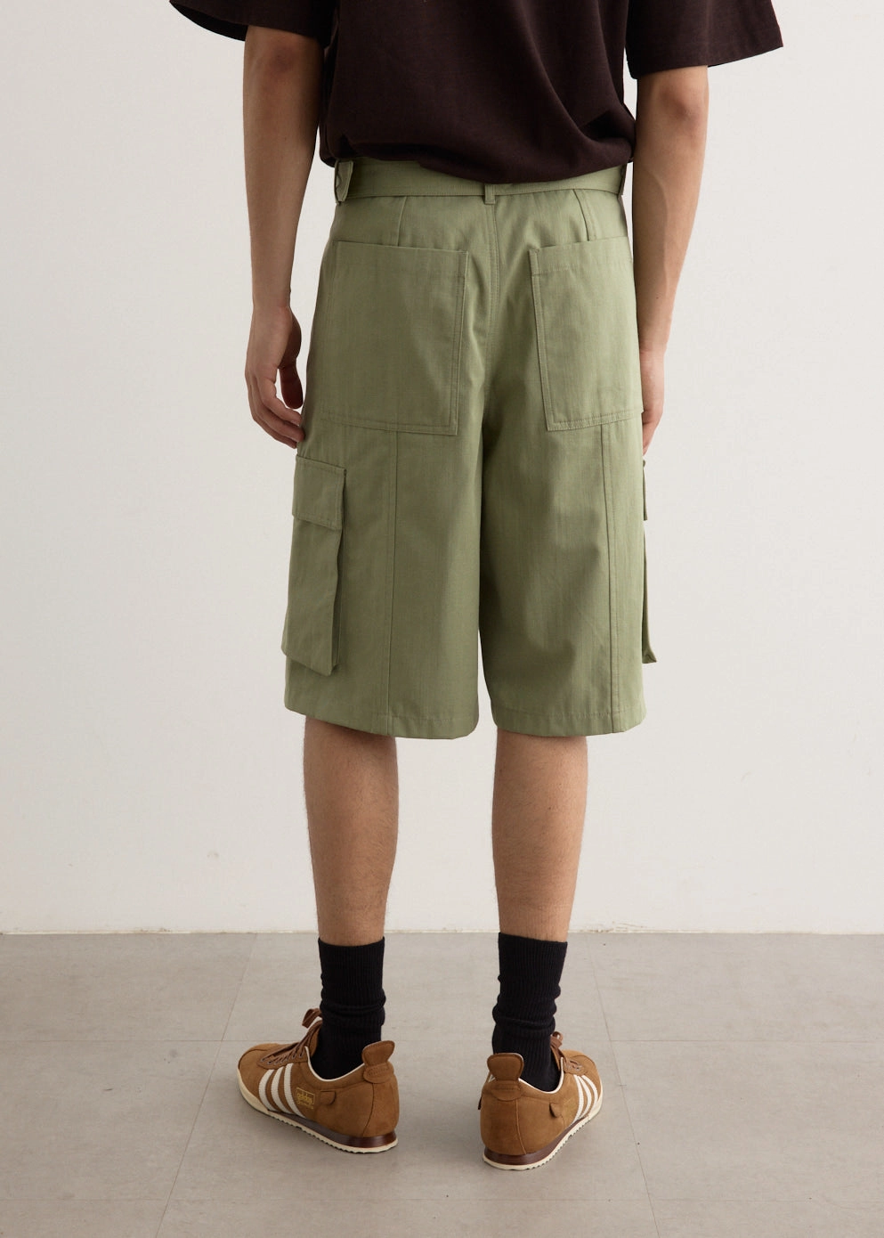 Belted Cargo Bermuda Shorts Double Layered Knees