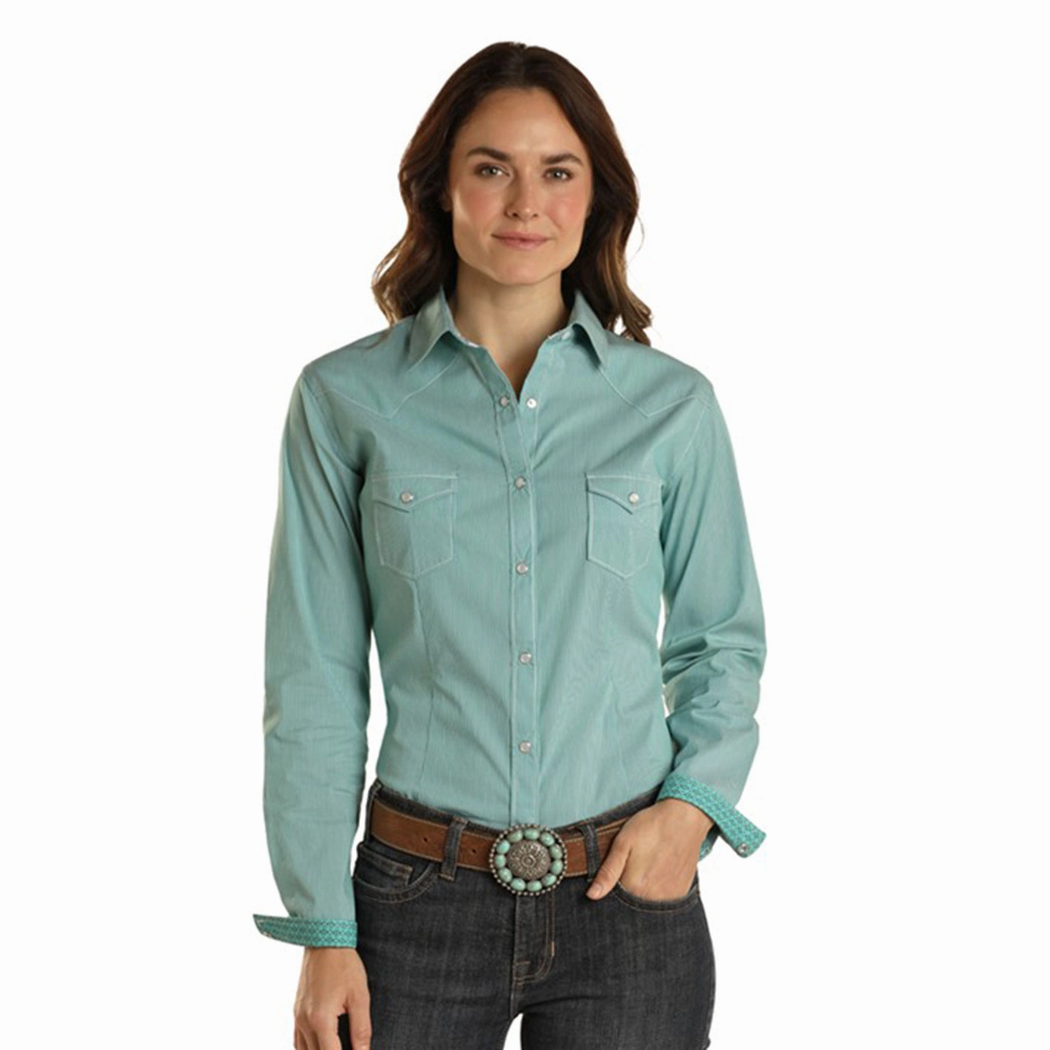 V Neck Design SnagFreeKnit Panhandle Women's Turquoise Stripe Snap Shirt