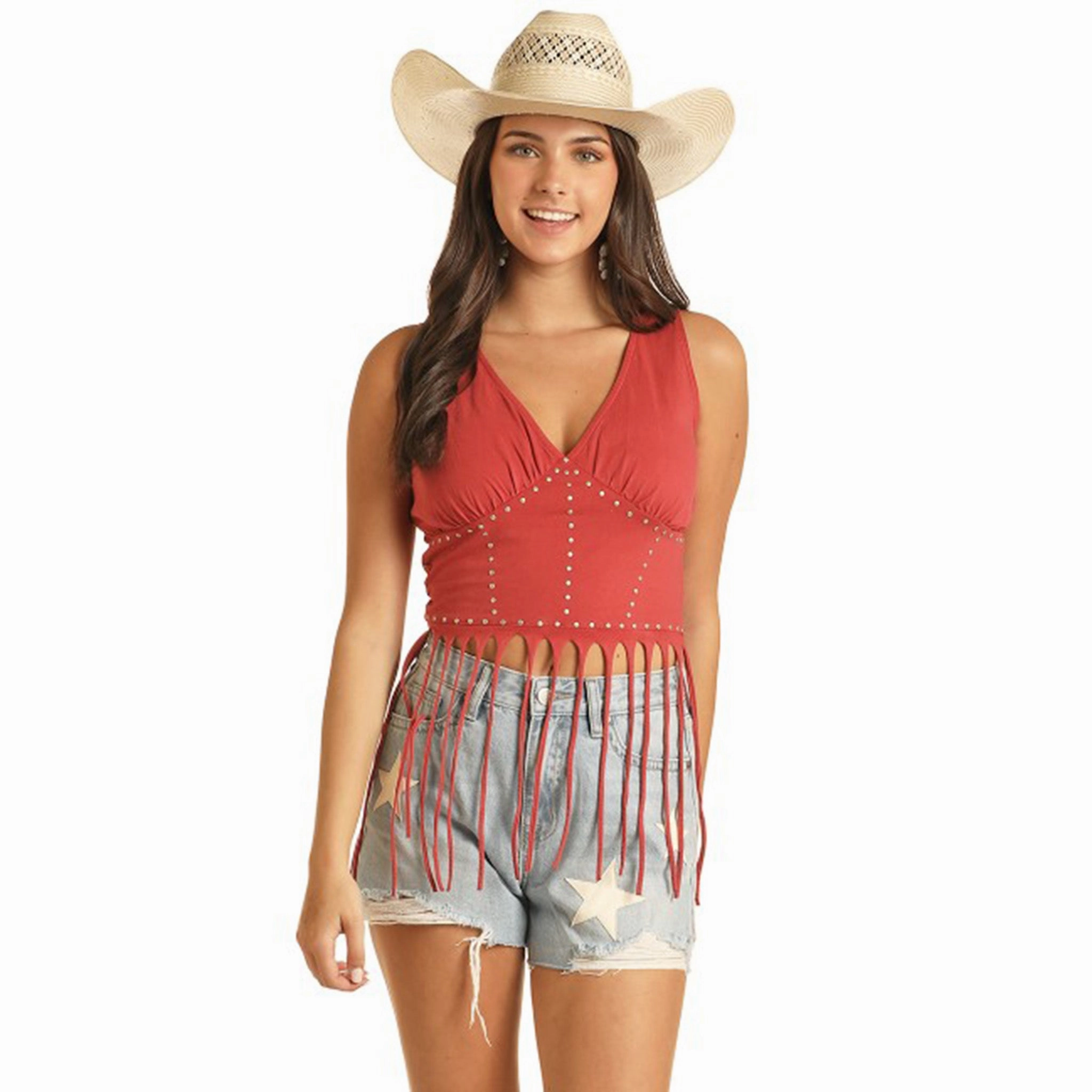 Rock & Roll Women's Red Studded Fringe Tank HighNeckCut