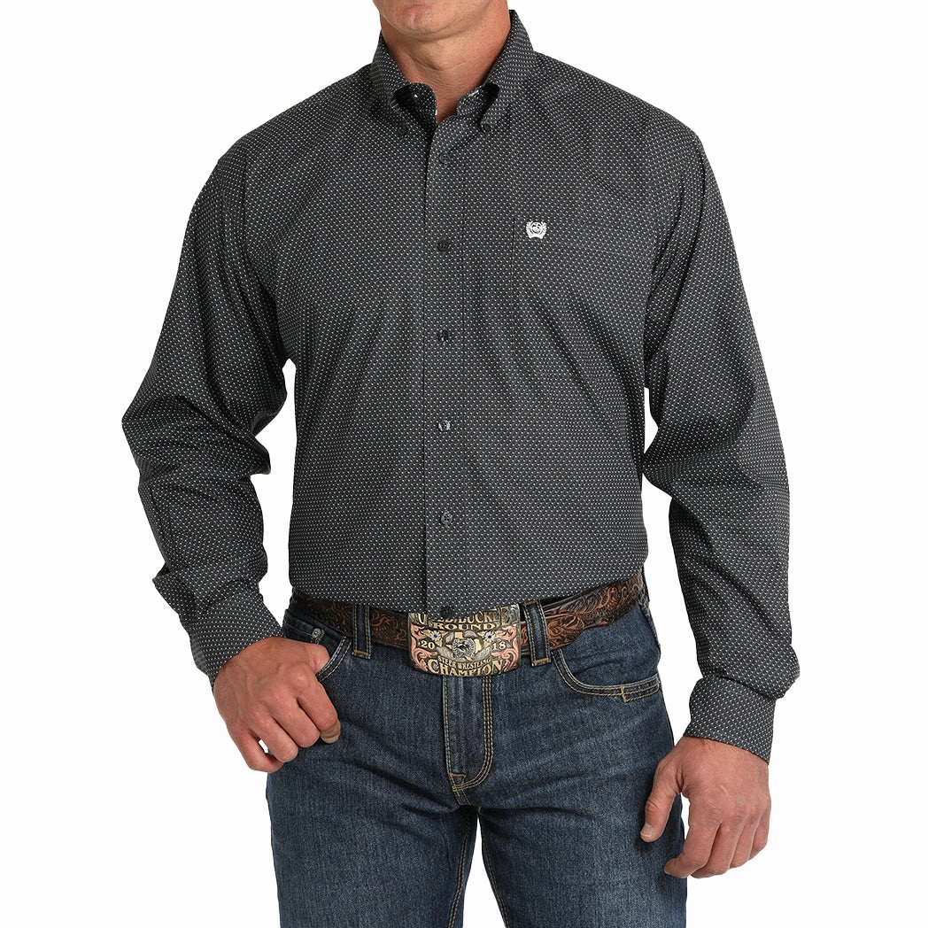 Reinforced Collar Anti Pilling Surface Cinch Men's Charcoal Geo Print Long Sleeve Button Down