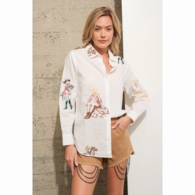 Double Stitched Seams Off White Embroidered Western Cowgirl Motifs Blouse