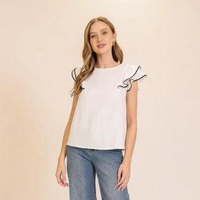 Women's White With Black Ricrac Ruffle Short Sleeve Garment Dyed Finish High Neck Design