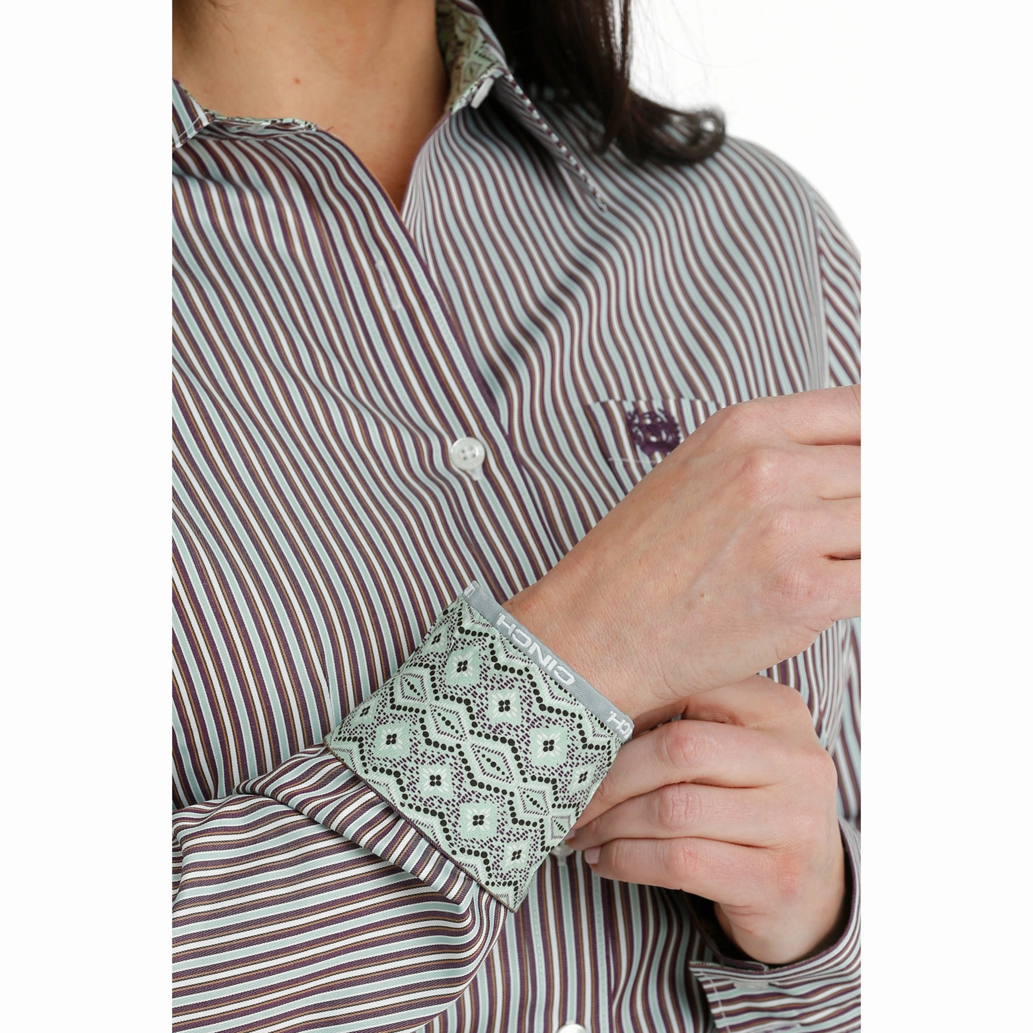 VNeckReinforcement SeamlessConstruction Cinch Women's Brown & Mint Long Sleeve Stripe