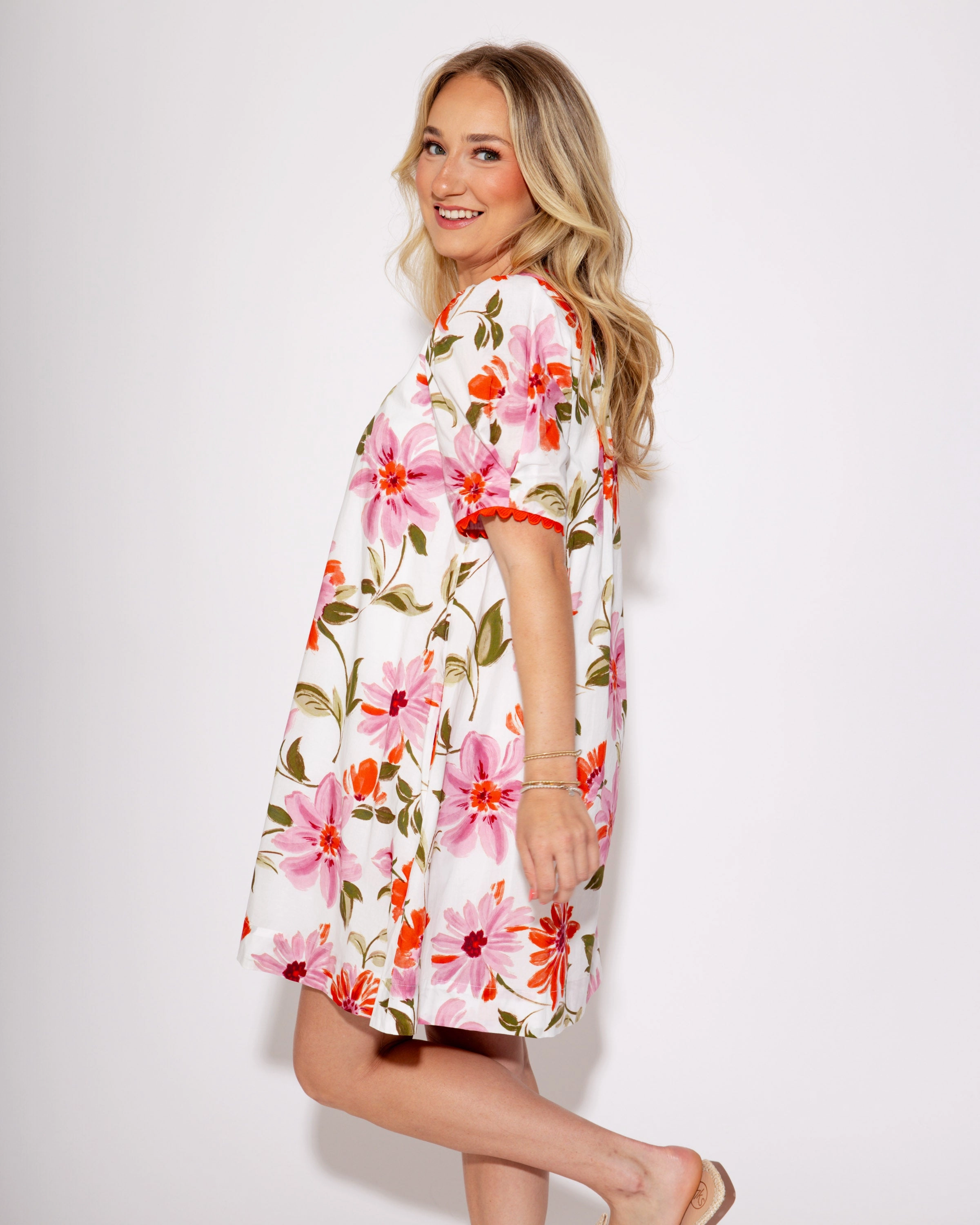 Floral Charm Scalloped Edge Mini Dress Vibrant pattern
