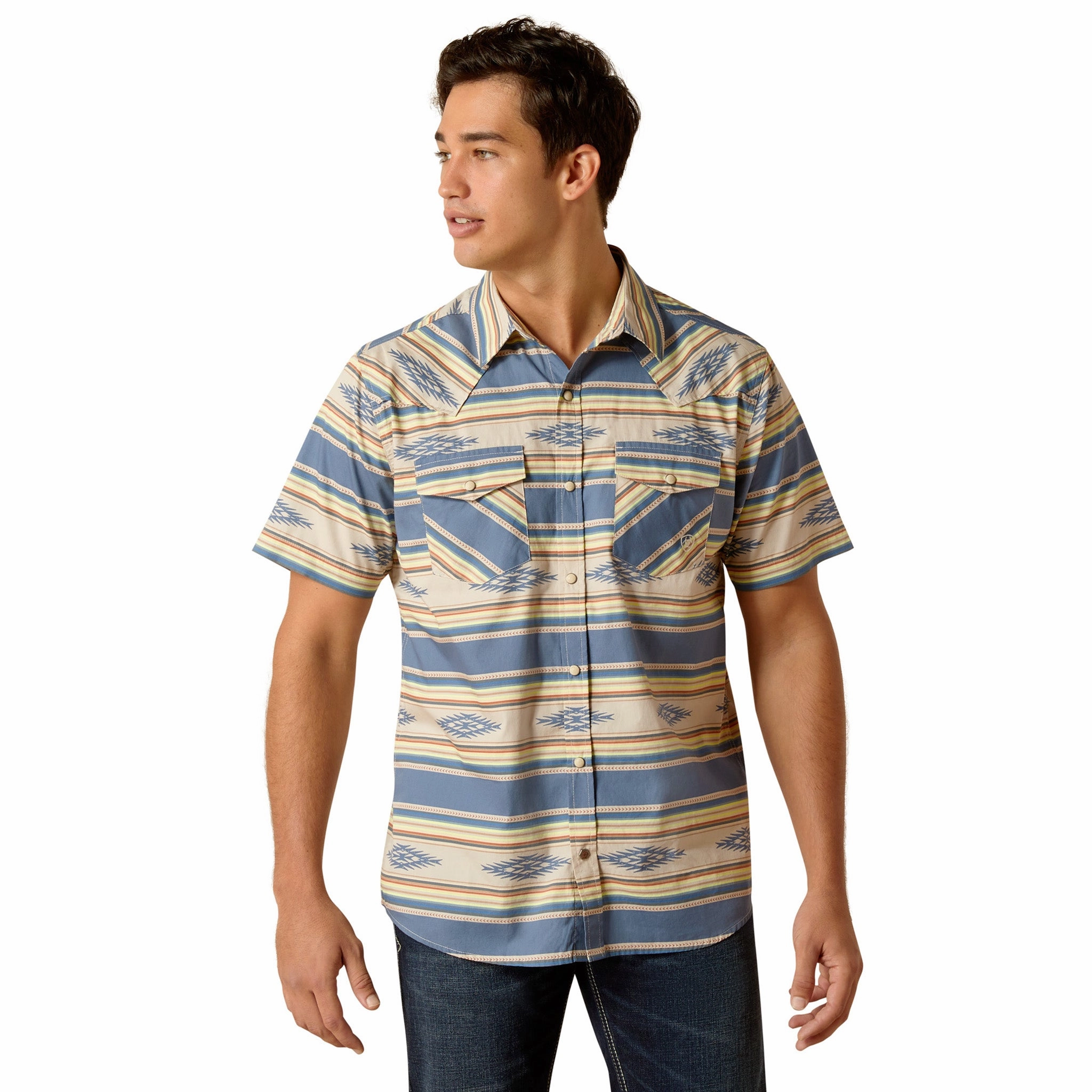 Sustainable Choice youth trend Ariat Men's Hebastian Sand & Blue Short Sleeve