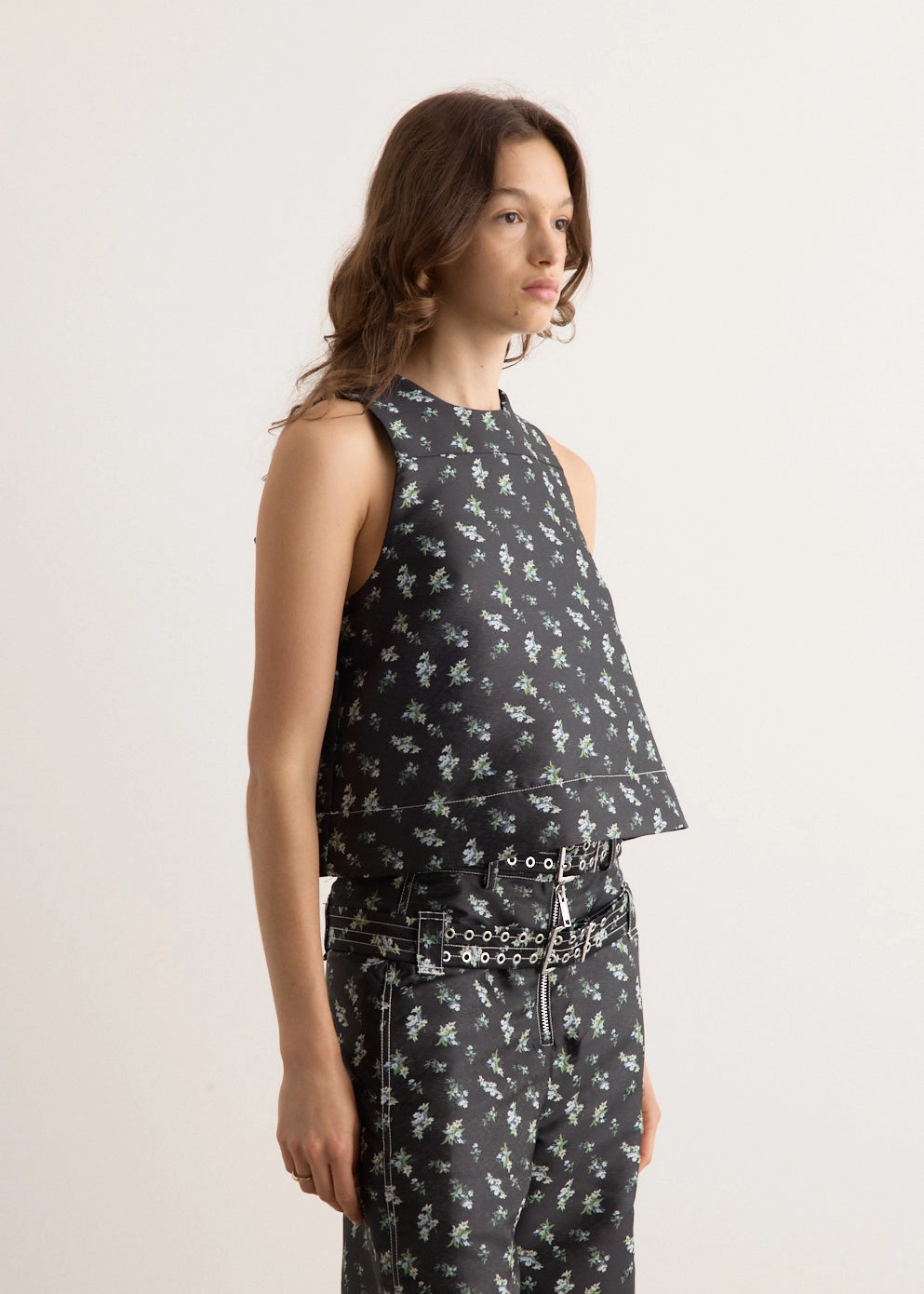 Floral Jacquard Sleeveless Open Neck Top Seamless construction Anti Cling Fabric