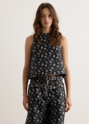 Floral Jacquard Sleeveless Open Neck Top Relaxed Vibe