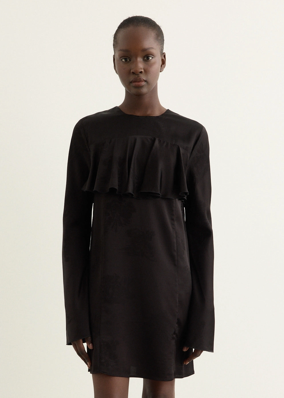 Unique Print Bright Bloom Fluid Satin Jacquard Mini Ruffle Dress