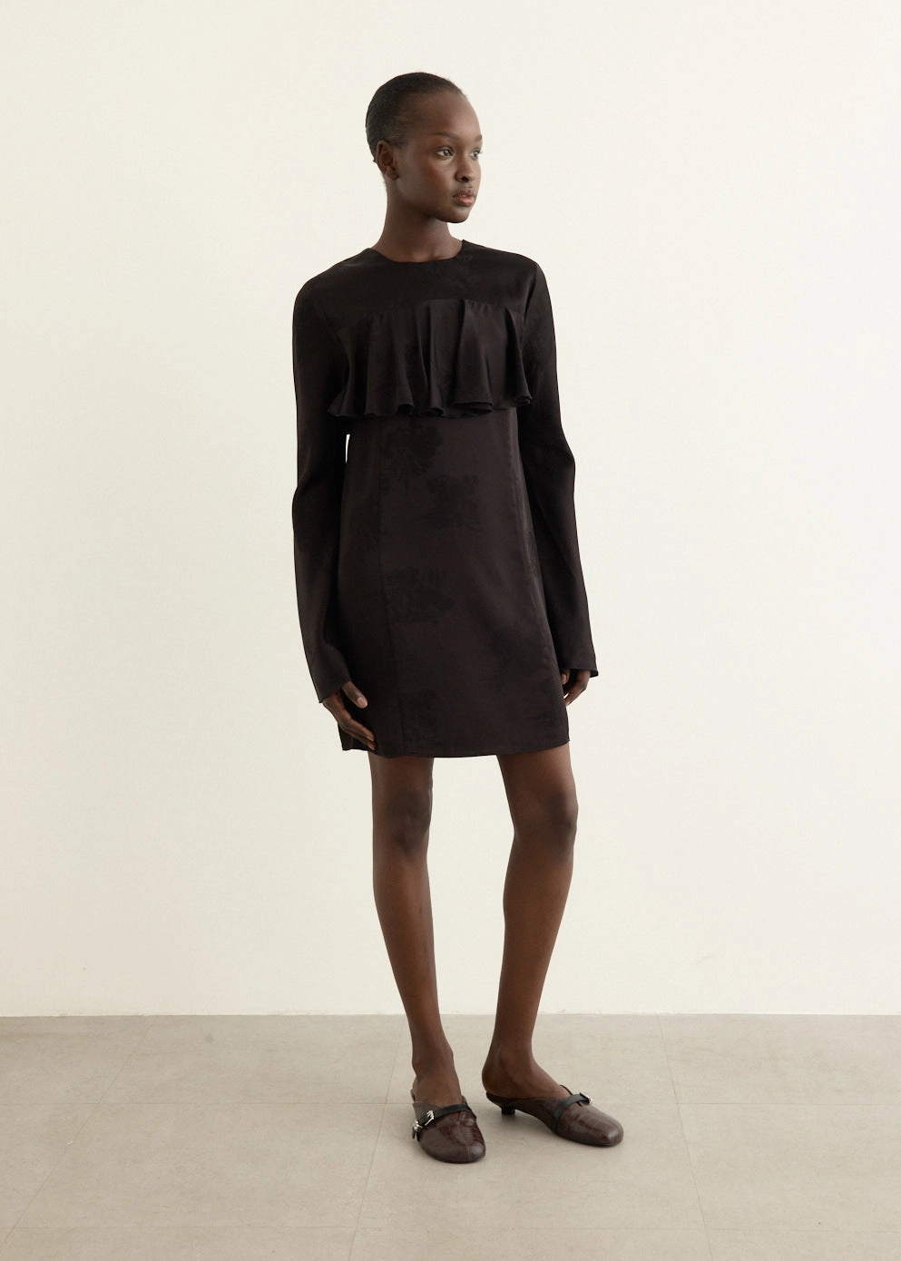 Fluid Satin Jacquard Mini Ruffle Dress Ceremony Ready Layered Texture